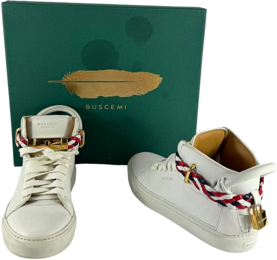 BUSCEMI White Leather 100MM Belt Weave Women’s High Top Sneakers 40 – 10 US