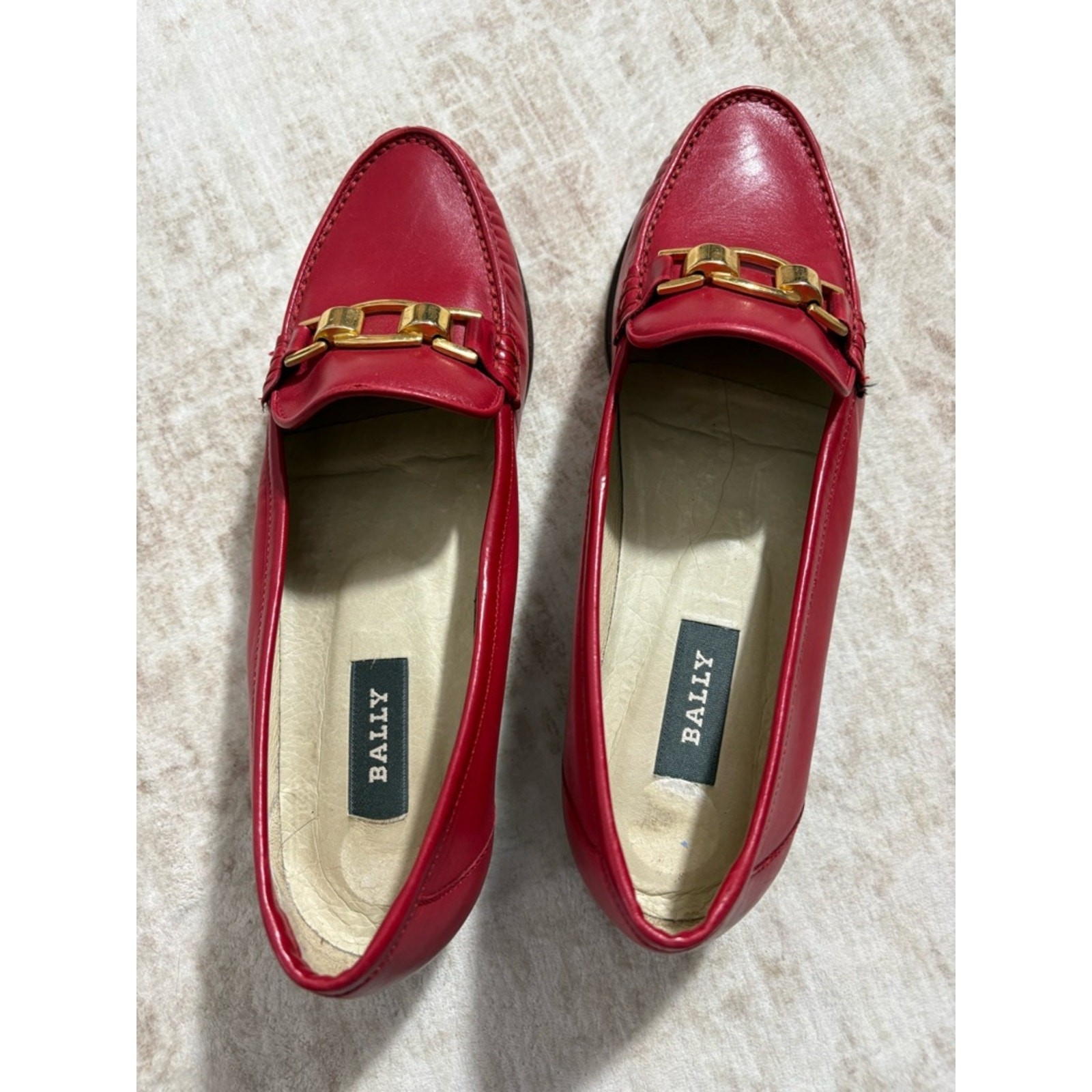 Bally Imogene Red Leather Loafers 7.5N Made In Italy Gold Bit Classic Luxury