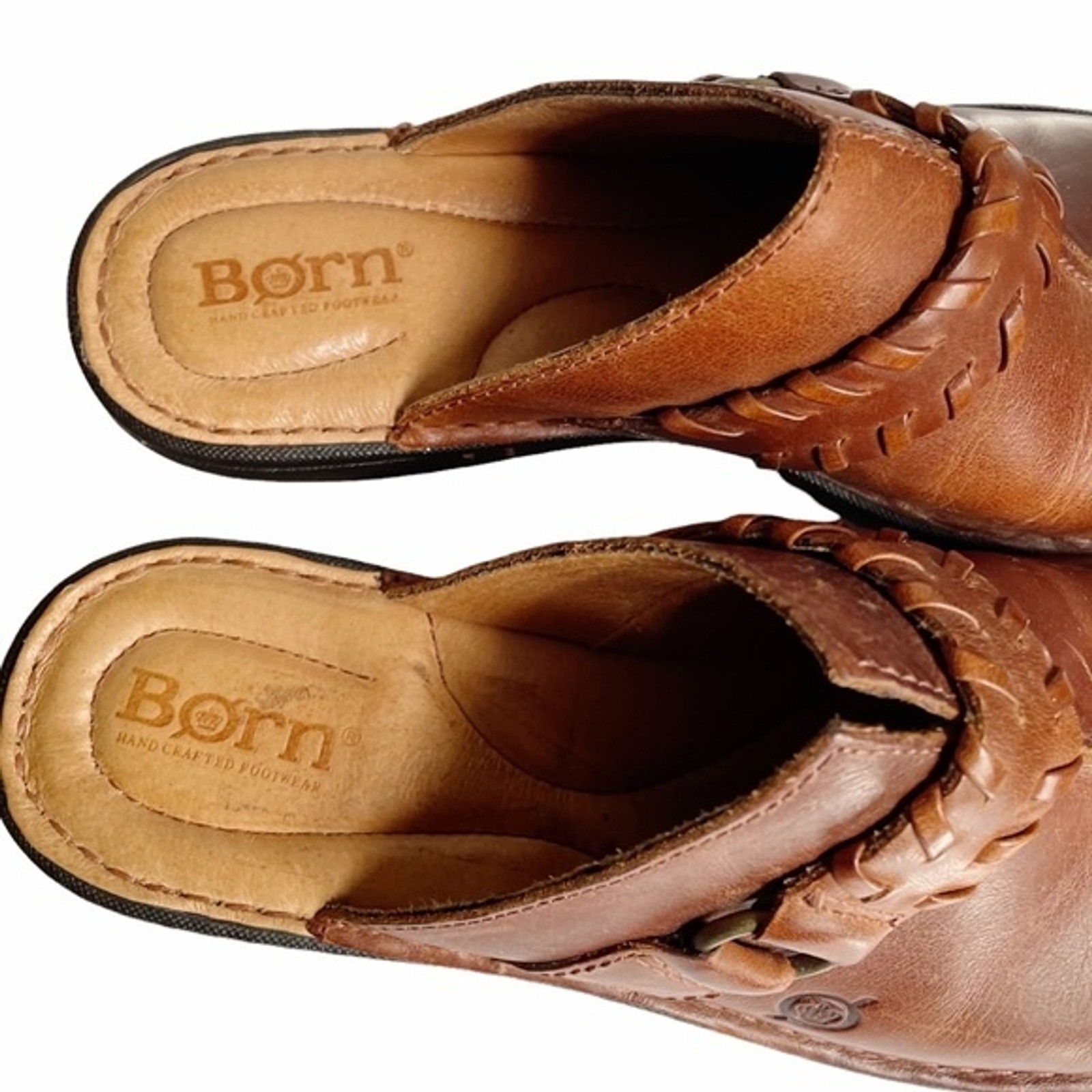 Born Mules Brown Leather Saddle Stich Braided Decorative Strap Women’s Size 7