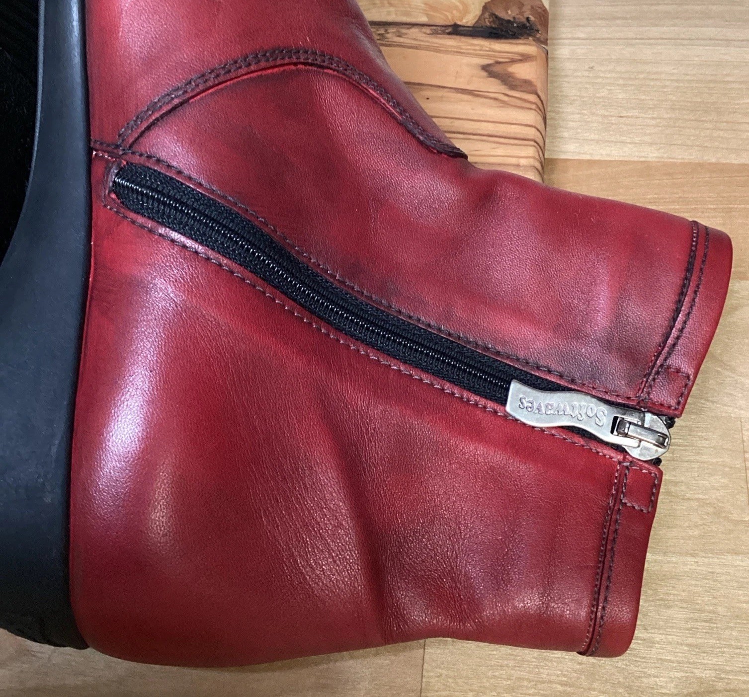Softwaves Womens Red Leather Ankle Boots Booties Zip Zip Comfort Flat Shoes 7.5