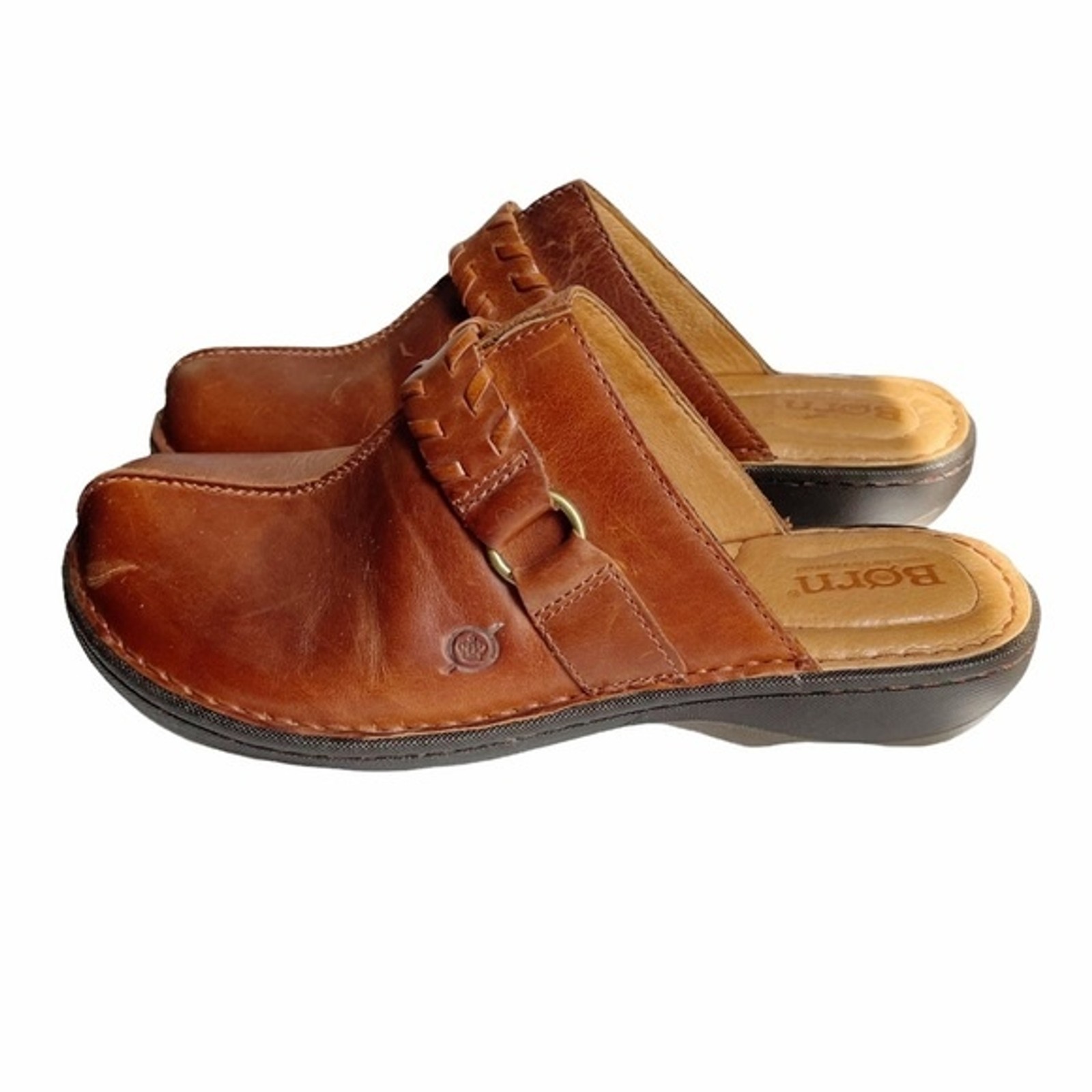 Born Mules Brown Leather Saddle Stich Braided Decorative Strap Women’s Size 7