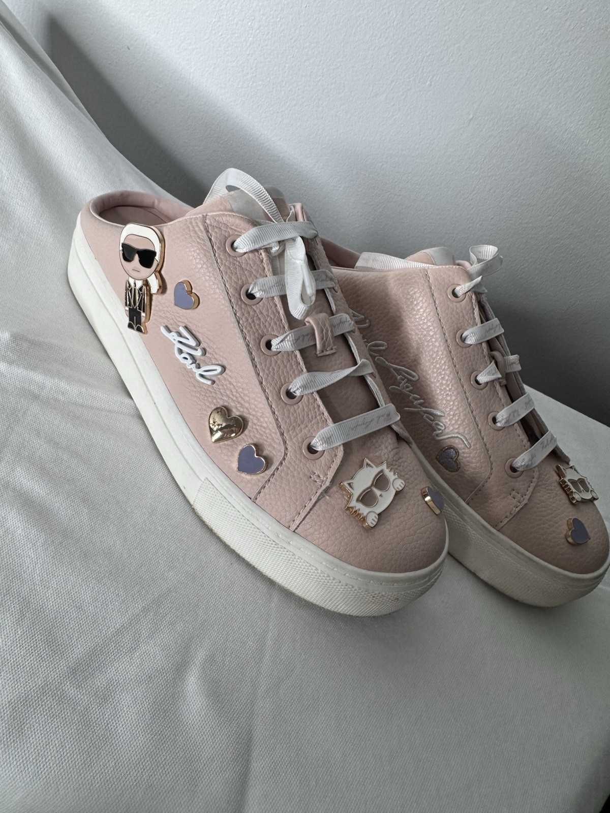 Women Karl LagerfeldCate Pins Charm Lace Up Open heel Sneak Pink Leather Shoe7,5