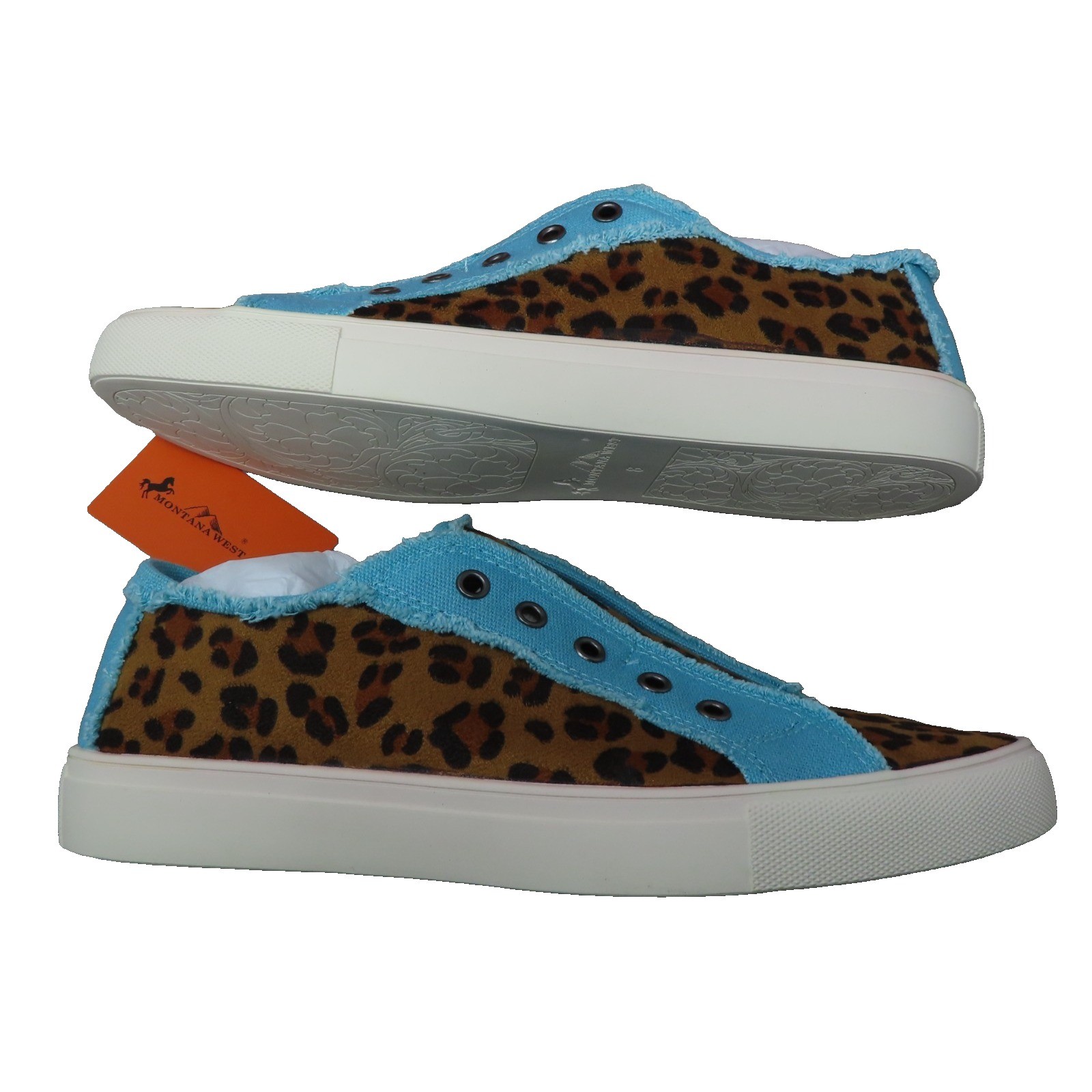 Montana West Tooled Leopard Canvas Shoes 8 Blue Brown Western Cowgirl Hippie NIB