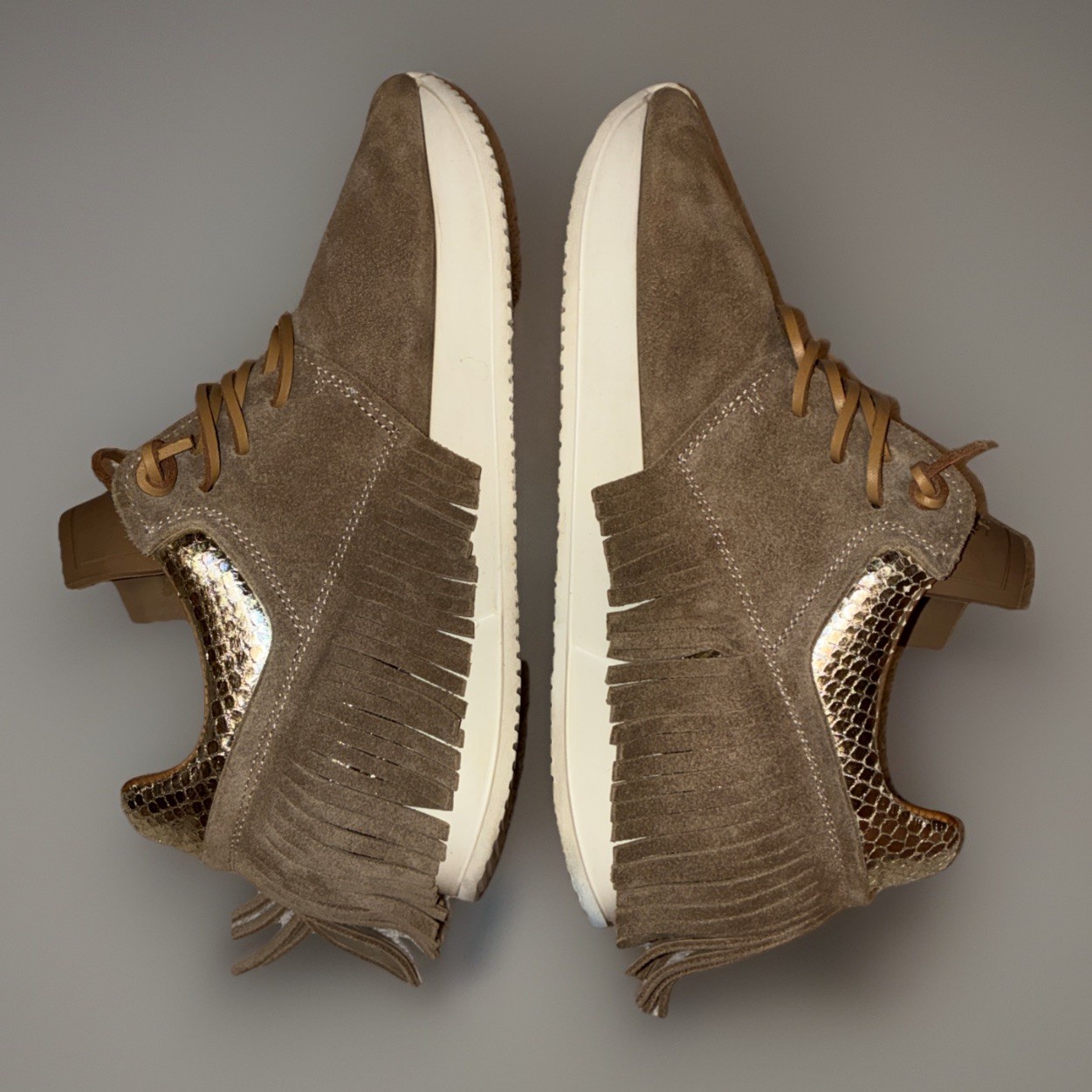 Esseutesse Tan Suede Gold Snake Print Leather Fringe Slip On Sneakers US Sz 7