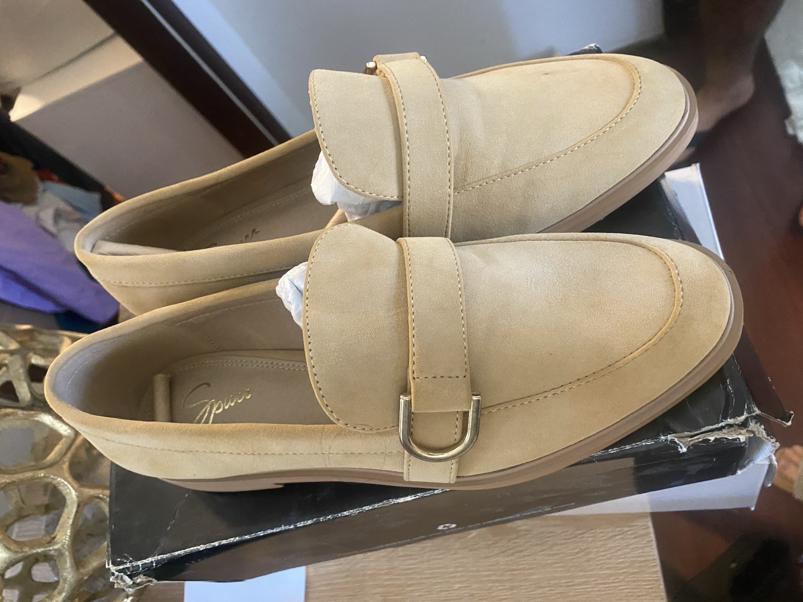 Olsen Women’s Tan Leather Loafers Slip On Buckle Comfort Almond Toe AU 6