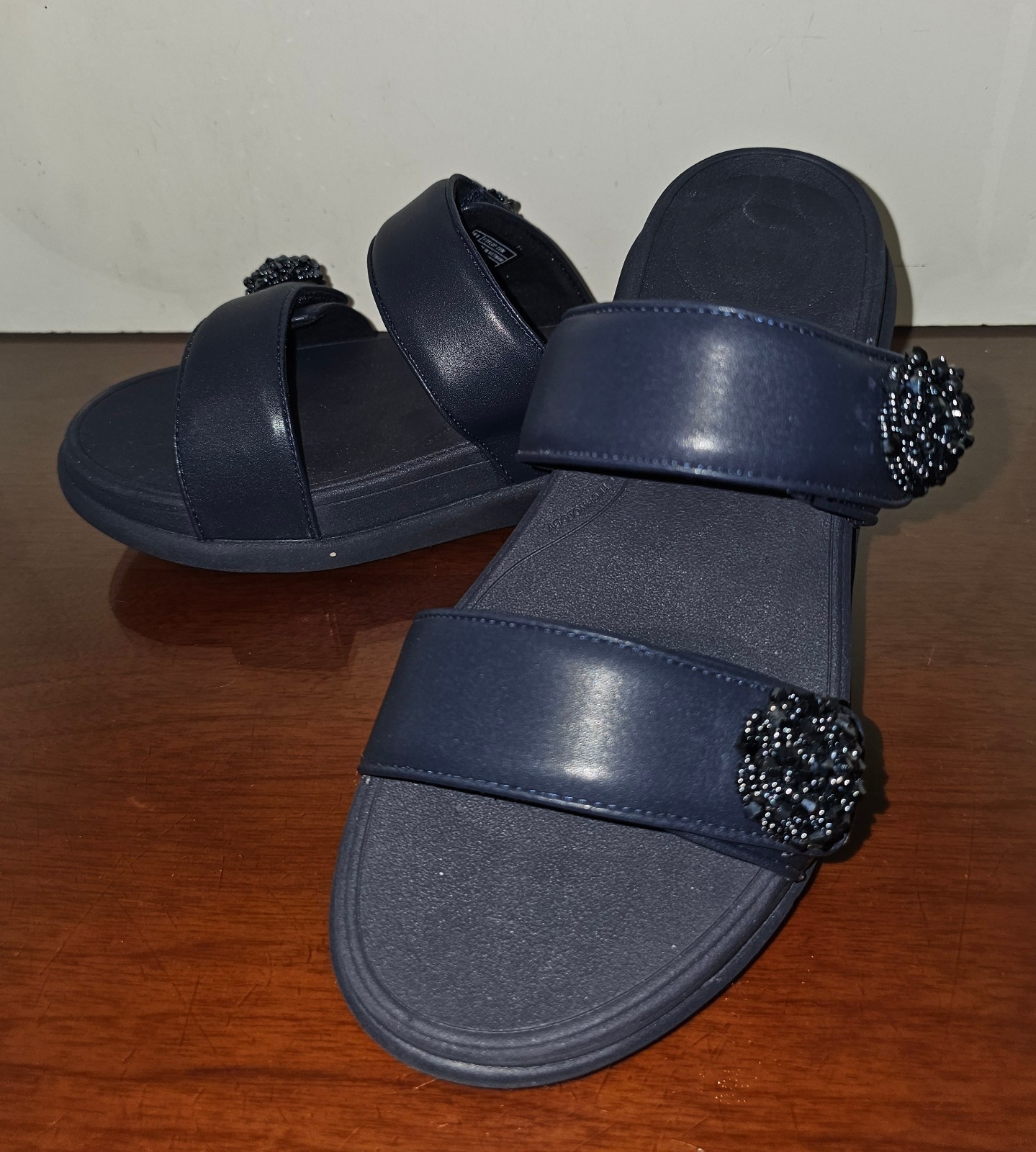 Fitflop Womens Sz. 8 Navy F-Mode Go Beadie Button Flatform 2-Bar Sandals Slides