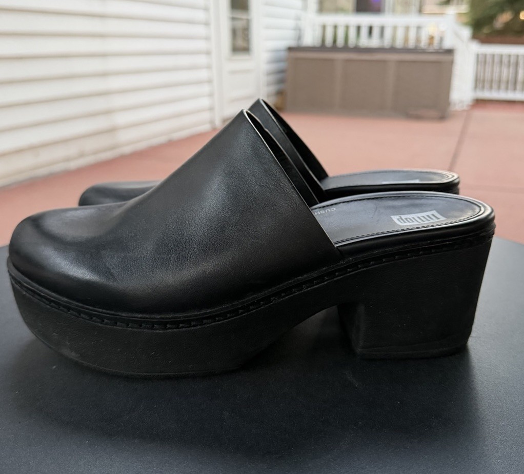 FitFlop Pilar Black Leather Clogs US 8.5 Platform Mules Women’s 40