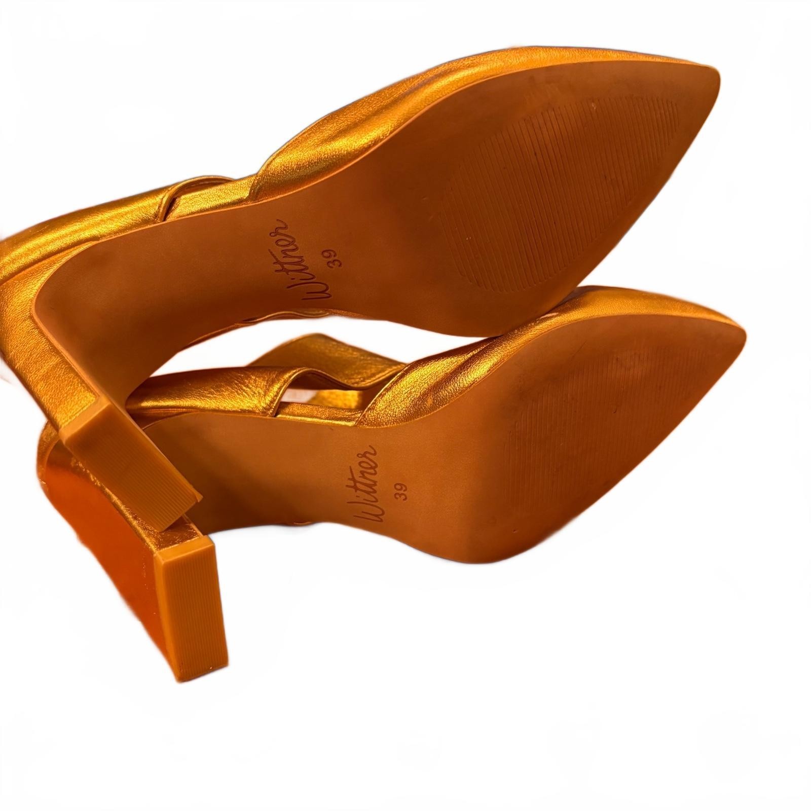 Wittner Heston Gold Leather Pointed Toe Block Heel Mules Size 39 Glam Formal