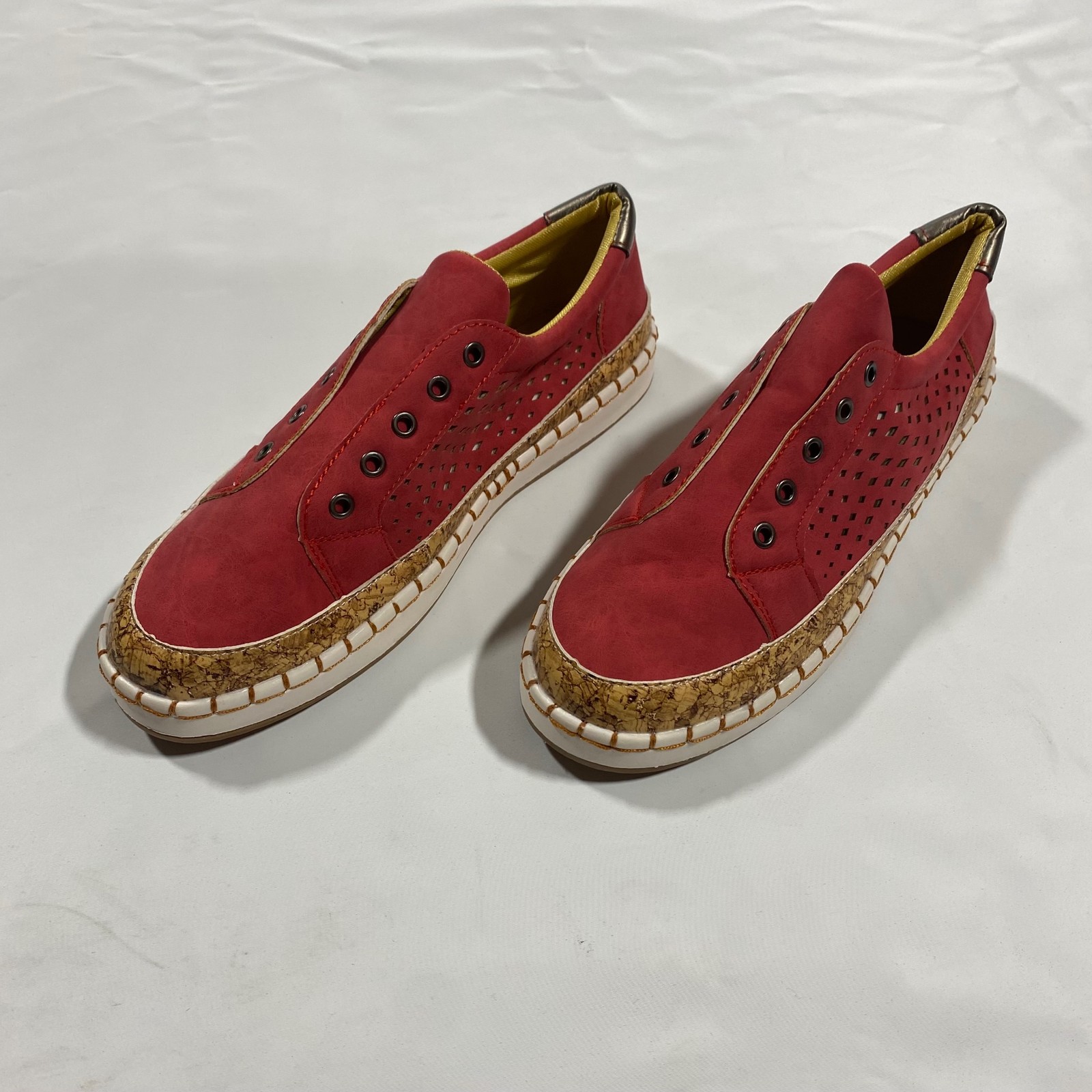 Slip On Sneakers Womens 10 Red Perforated Cork Trim Low Top Casual Shoes Comfort