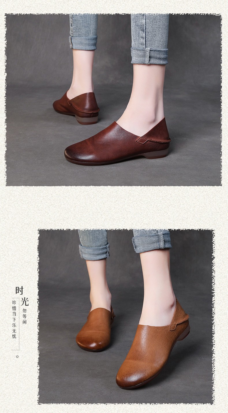 Women Retro Flat Slip on Loafer Genuine Real Leather Shoe Moccasins Slip On Lady