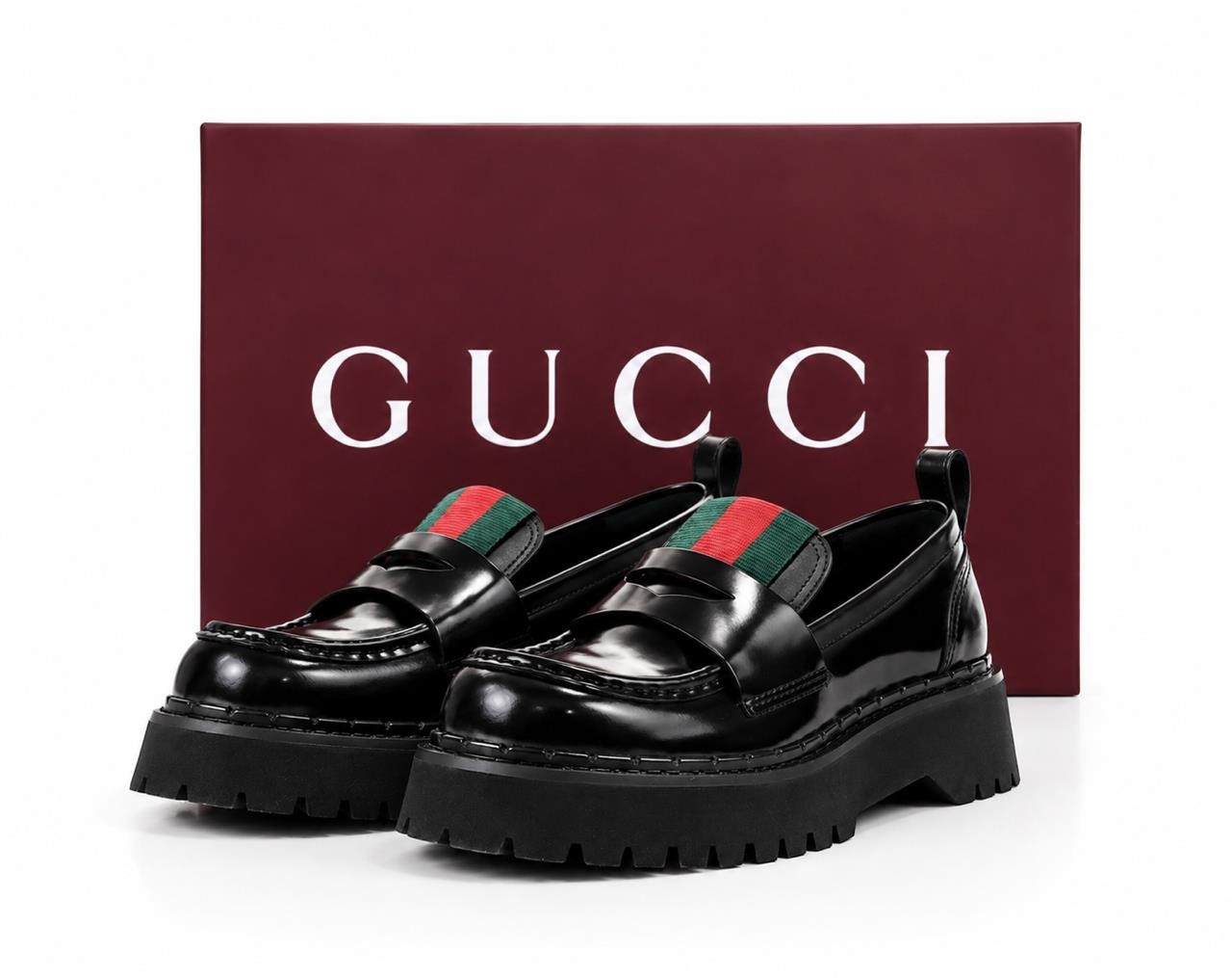 NEW GUCCI LADIES LUXURY BLACK LEATHER WEB LOGO LOAFERS SHOES 38/US 8