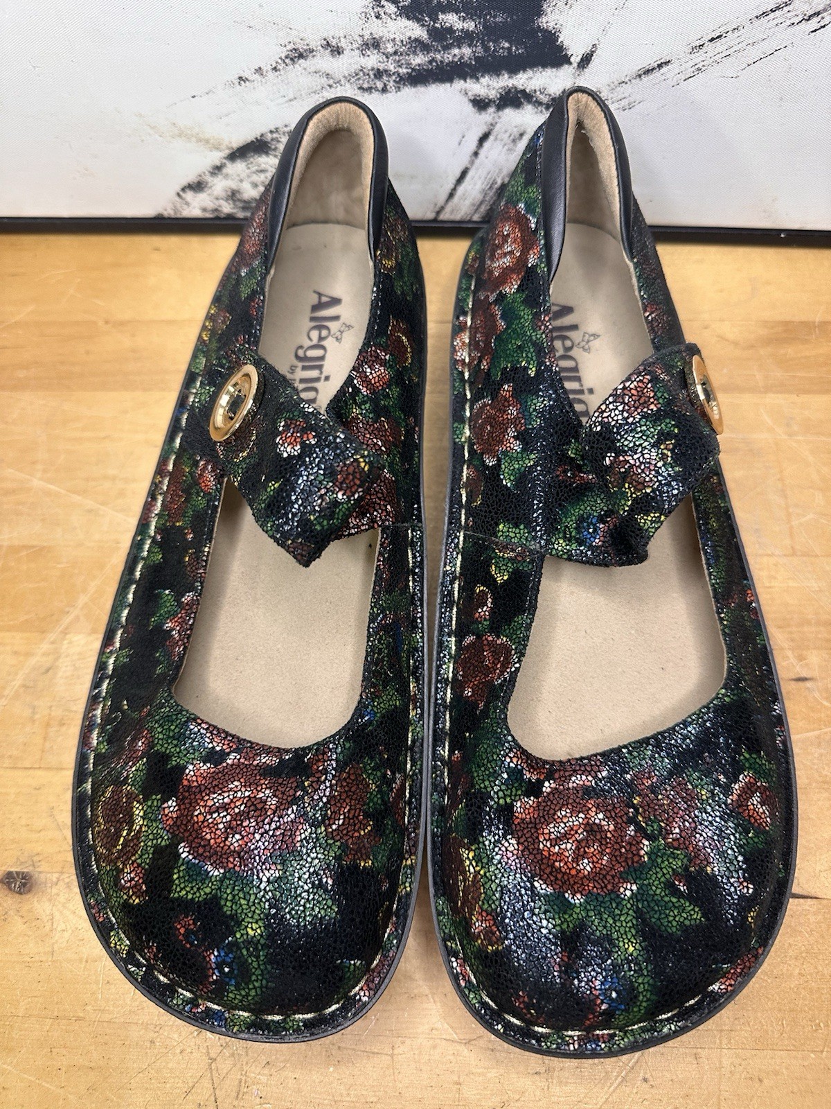 Alegria Paloma Mary Jane Rose Nursing Black Floral Shoe Pal-315 Size 41-10.5