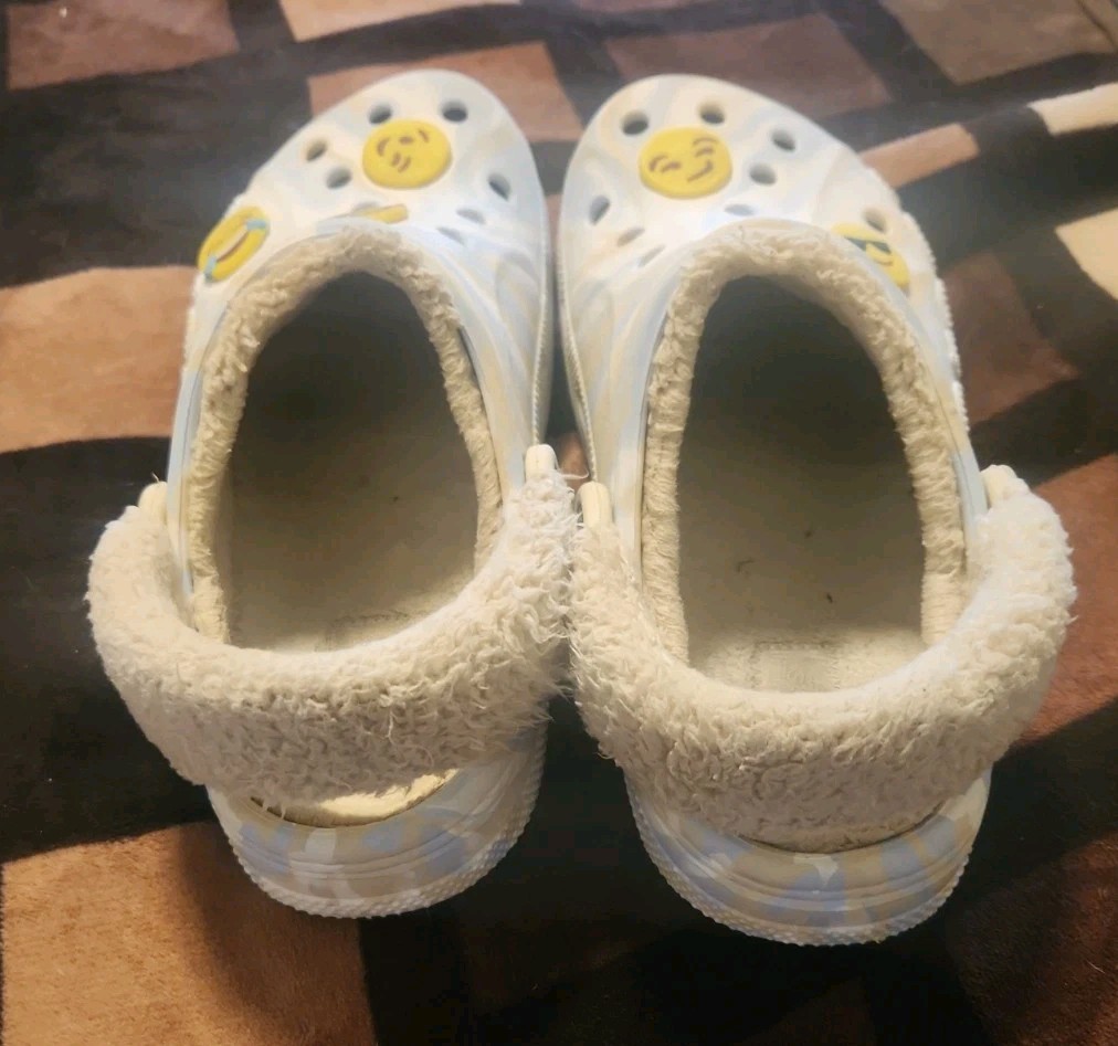 Crocs Baya Lined Fuzz Strap Mens Womens Clogs Marble White W7 M5 Smiley Faces