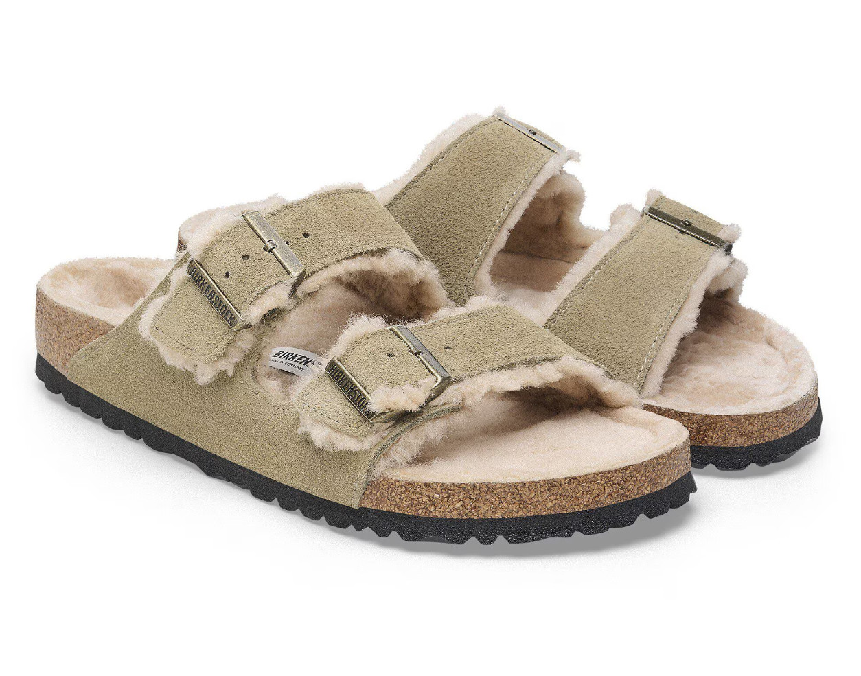 Birkenstock Arizona Shearling Suede Leather in Taupe Platform Two-Strap Sandals