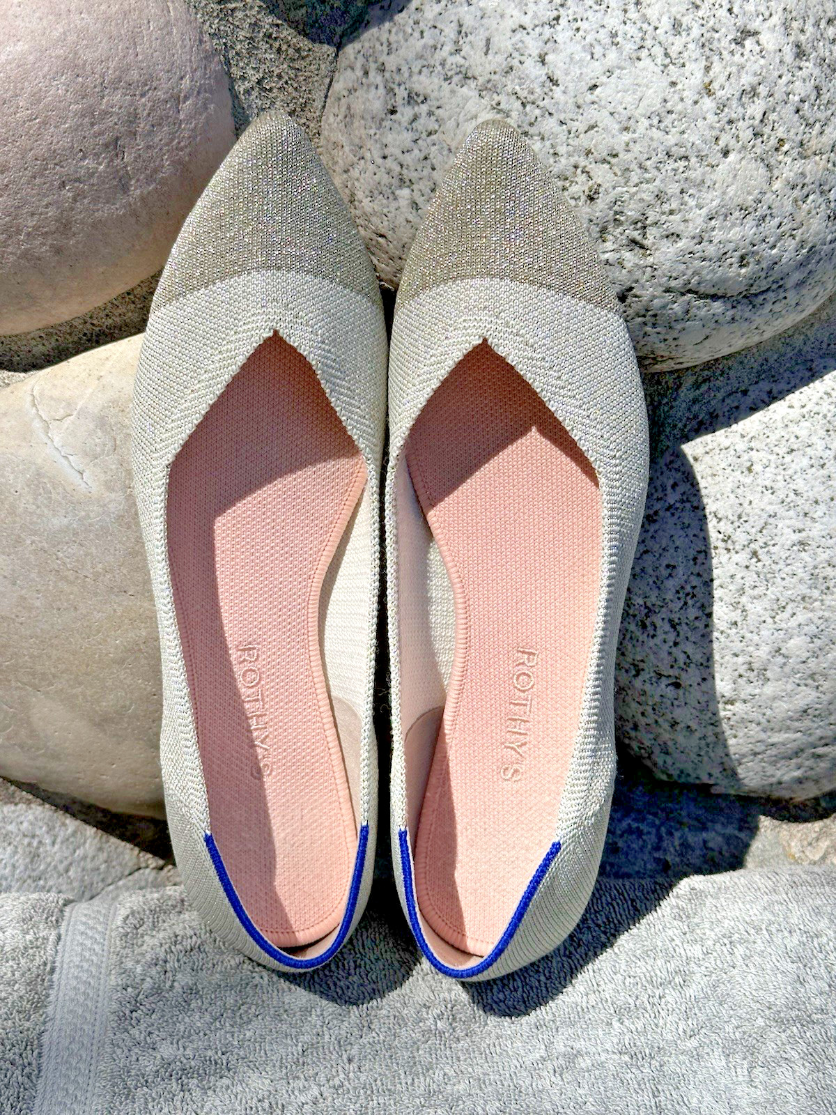 Rothy’s The Point Sz 10 Diamond Metallic Beige Silver Gold Pointed Ballet Flats