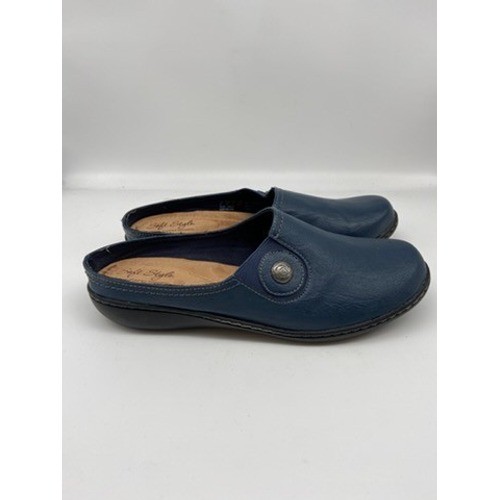 Soft Style Hush Puppies Mules Womens 9 Wide Blue Leather Button Slip On Clogs