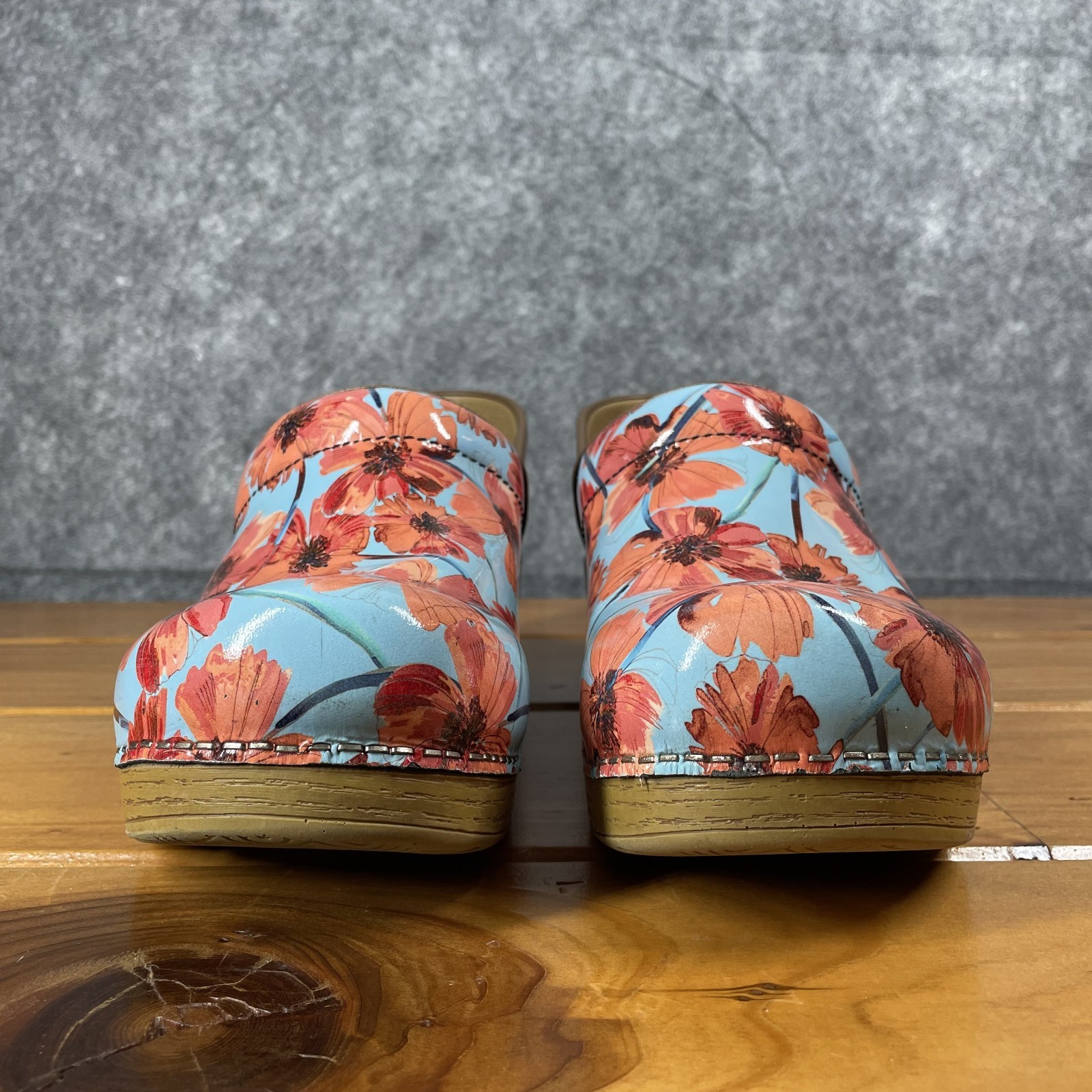 Dansko Womens Clogs Size 10.5-11 EU 41 Blue Orange Poppy Flower Patent Slip On