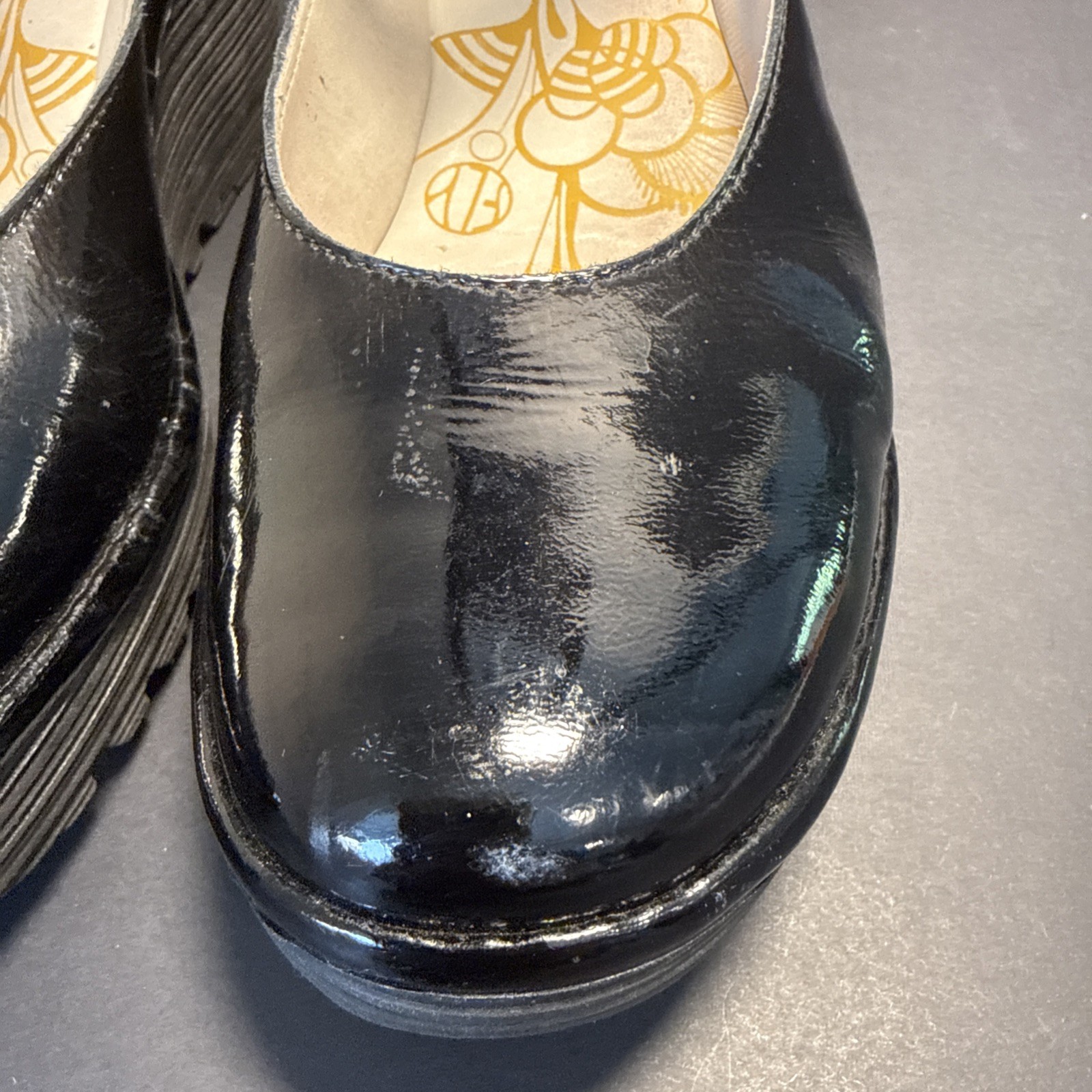 Fly London Leather Women’s Wedge Black Patent Leopard Suede Heel Size 38 US 8
