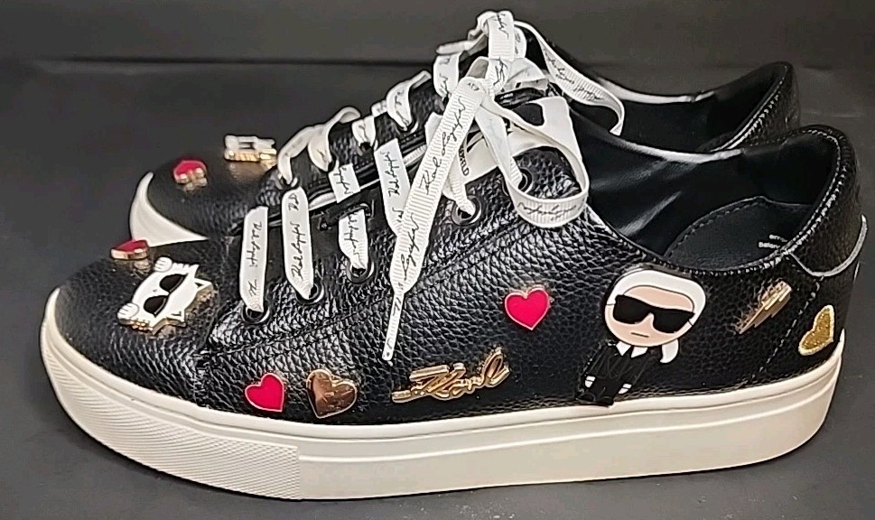 Karl Lagerfeld Women’s Size 7.5 Black Cate Pins K22 Tennis Shoes Charms Leather