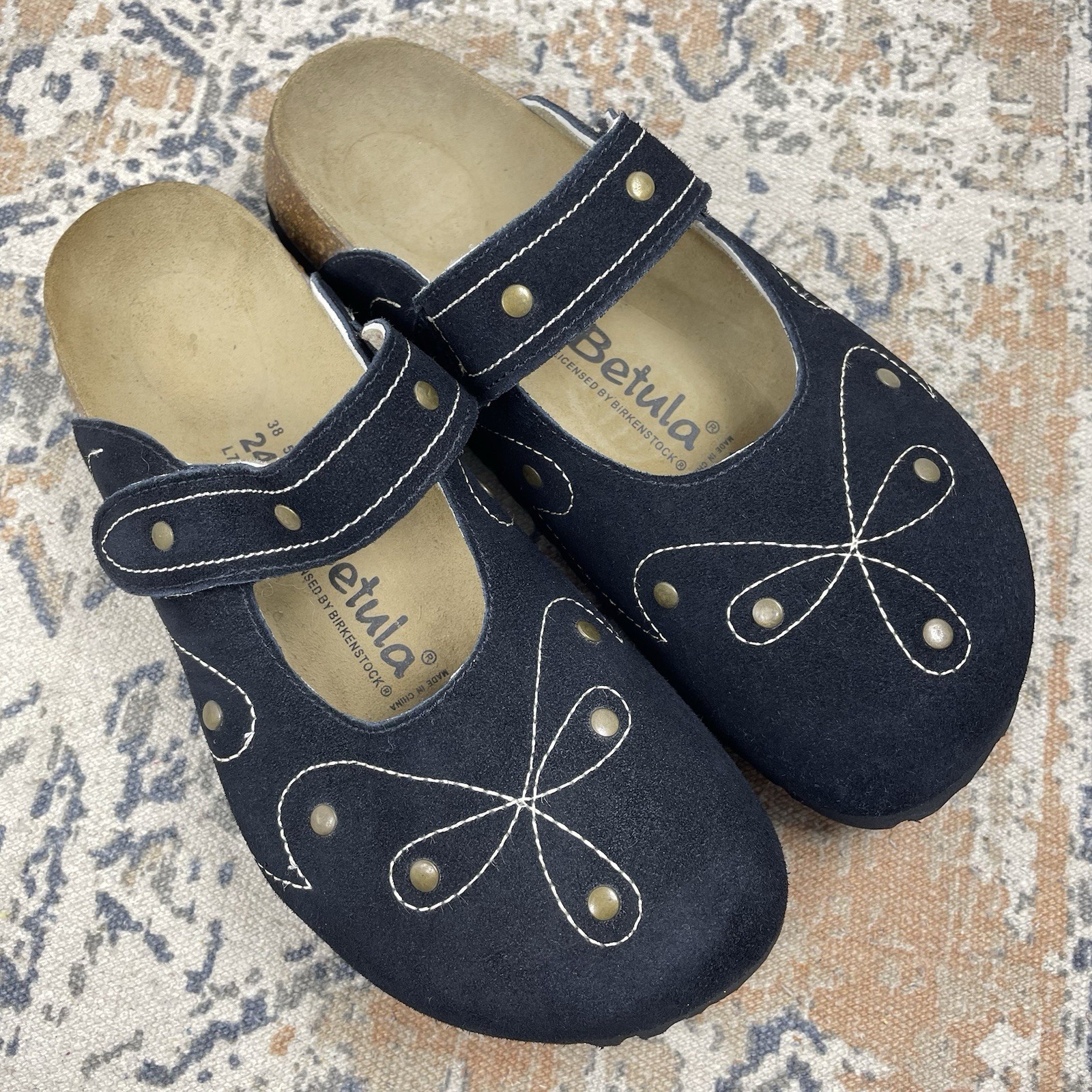 Betula By Birkenstock Mary Jane Clogs Black Suede Floral NWOB EU 38 US 7