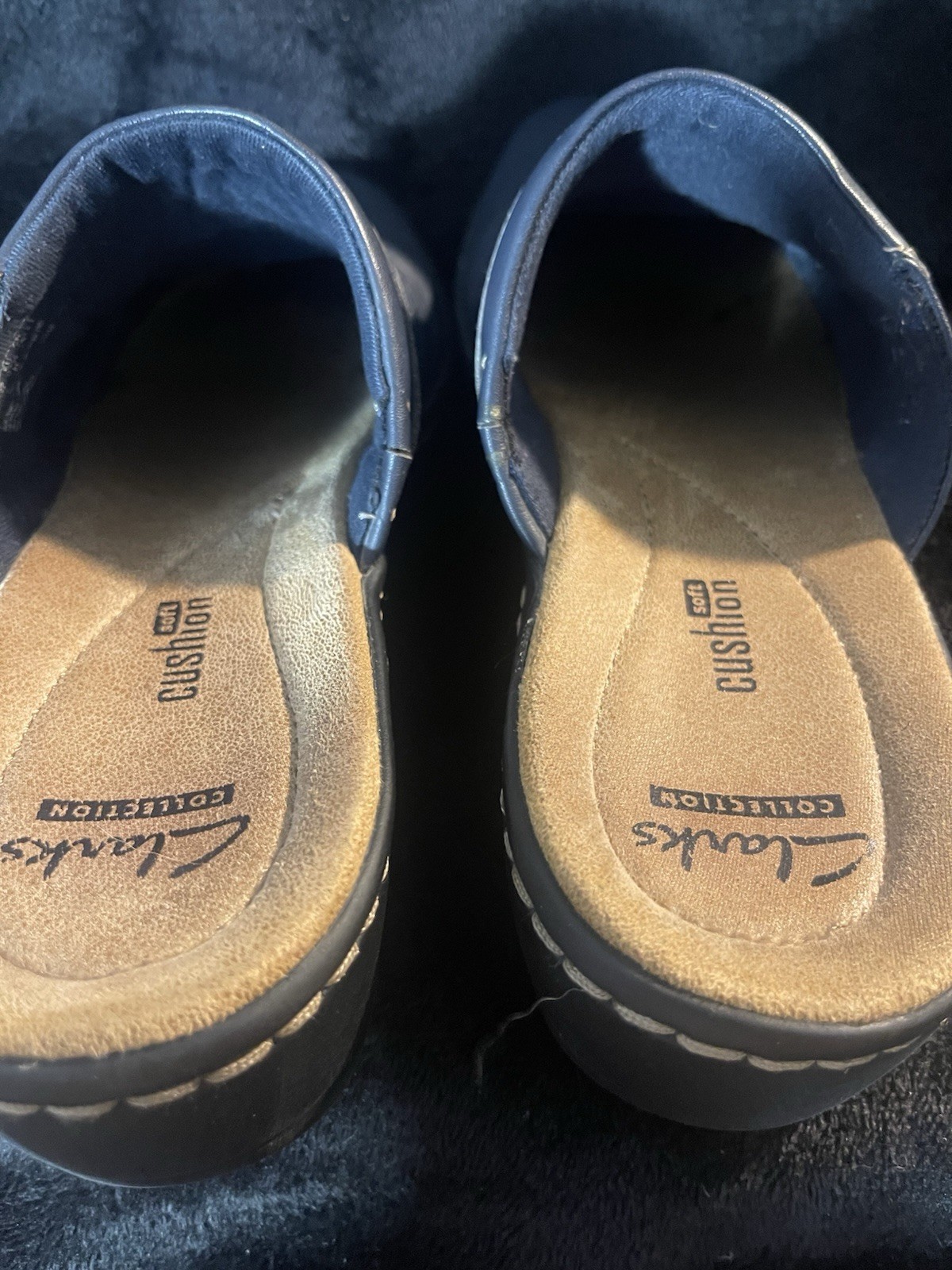 Clarks Collection Women’s Blue Leather Cushioned Slip-On Mule Wedge 7M