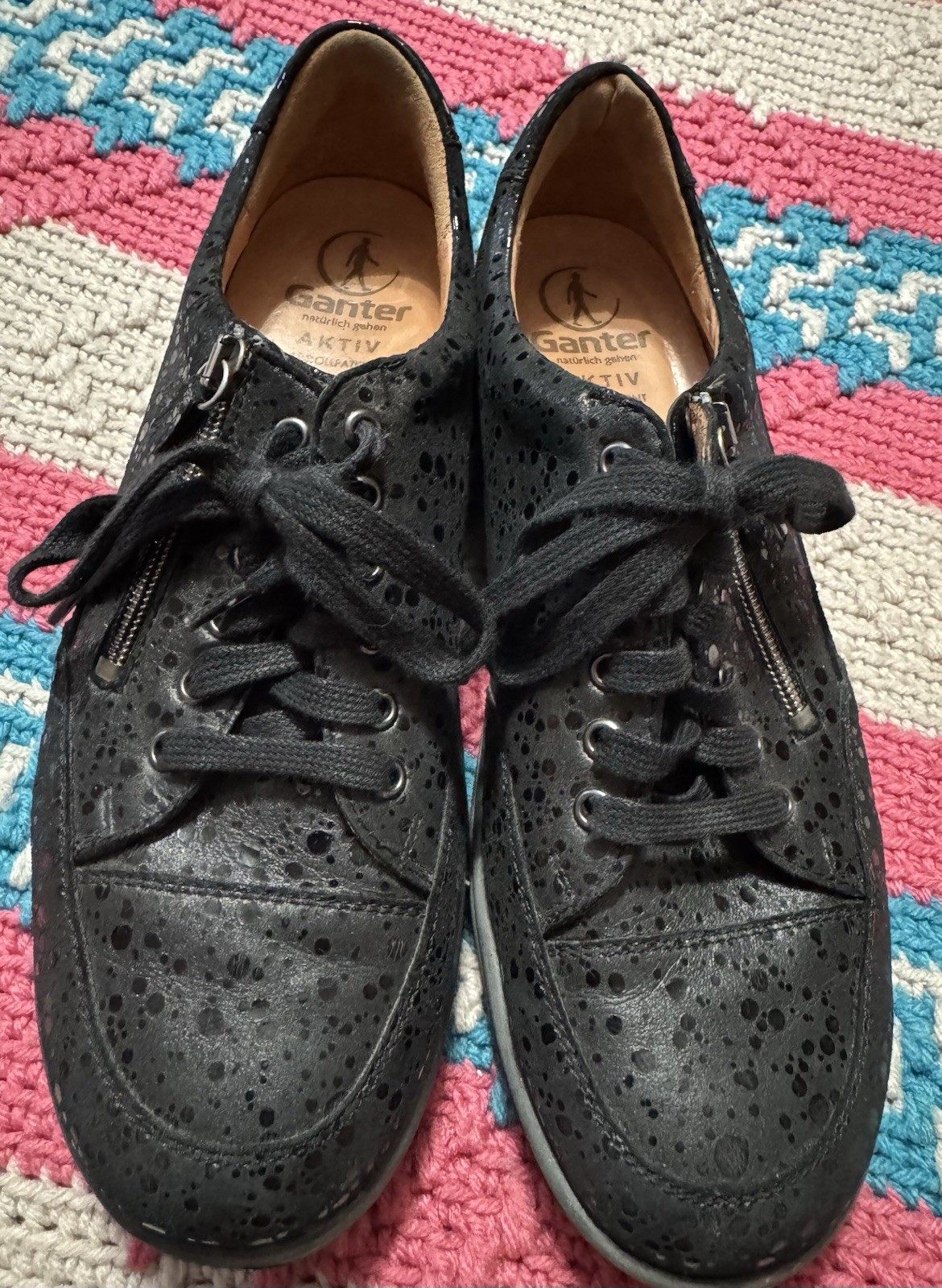 Ganter Sensitiv Women Black Textured Leather Lace Up Side Zip Sneakers Size 7.5