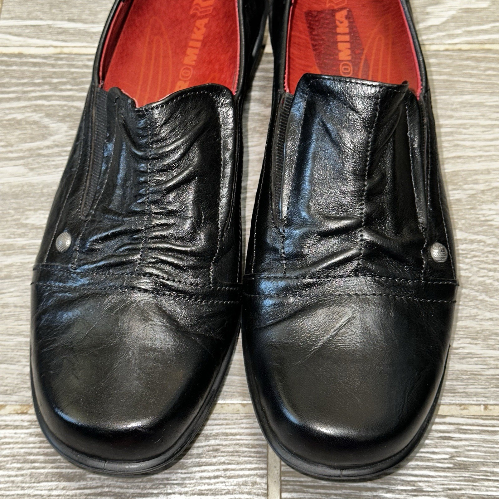 Romika Cassie Wrinkled Black Slip-On Leather Shoes Comfort Low Heel Women’s 40