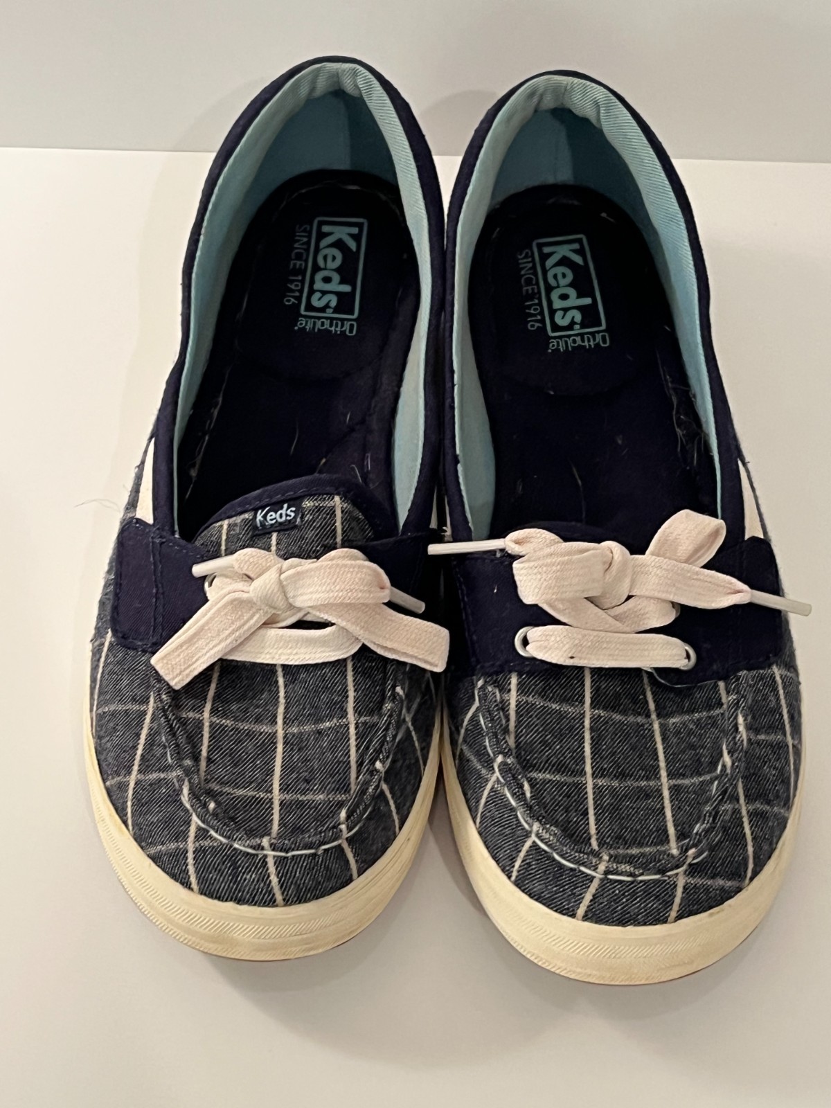 Keds Glimmer Blue & White Stripe Tie Toe Slip On Boat Shoes Women’s Size 8.5