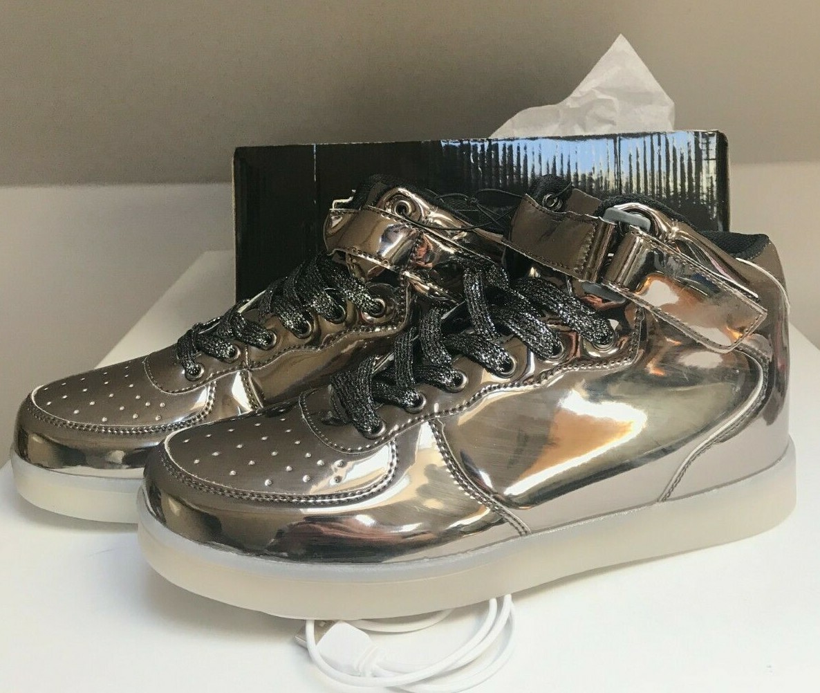 Mid Top Lace Up metallic Silver Black Casual Sneaker w USB chargeable Led lights