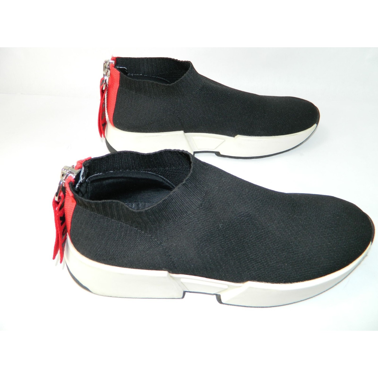 DKNY Marcel Wedge Flat Sneakers Black Stretchy Booties Size 10 Red Stripe Zipper
