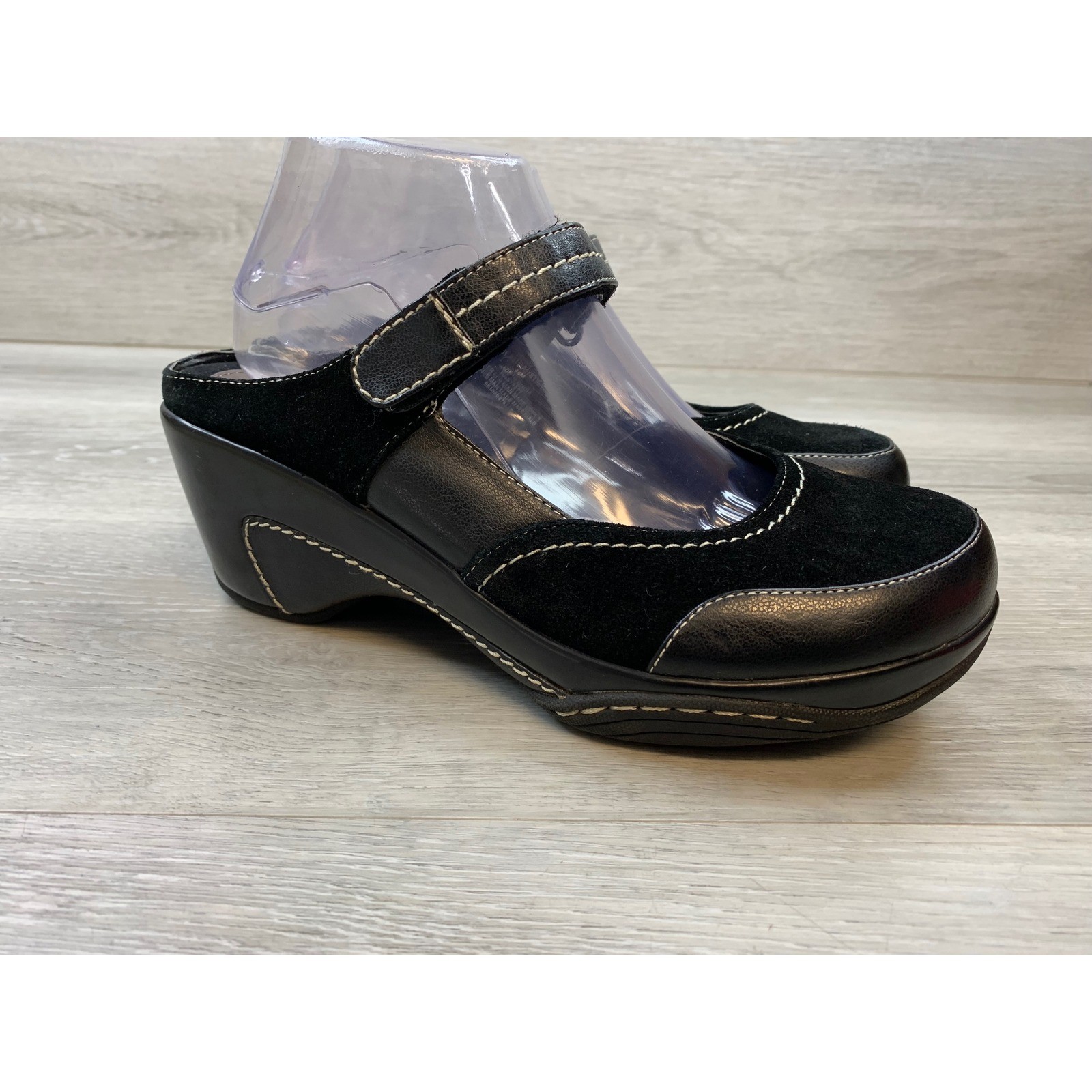 Rialto Women’s Black Leather Suede Mary Jane Wedge Clogs Mules 9.5 Shoes