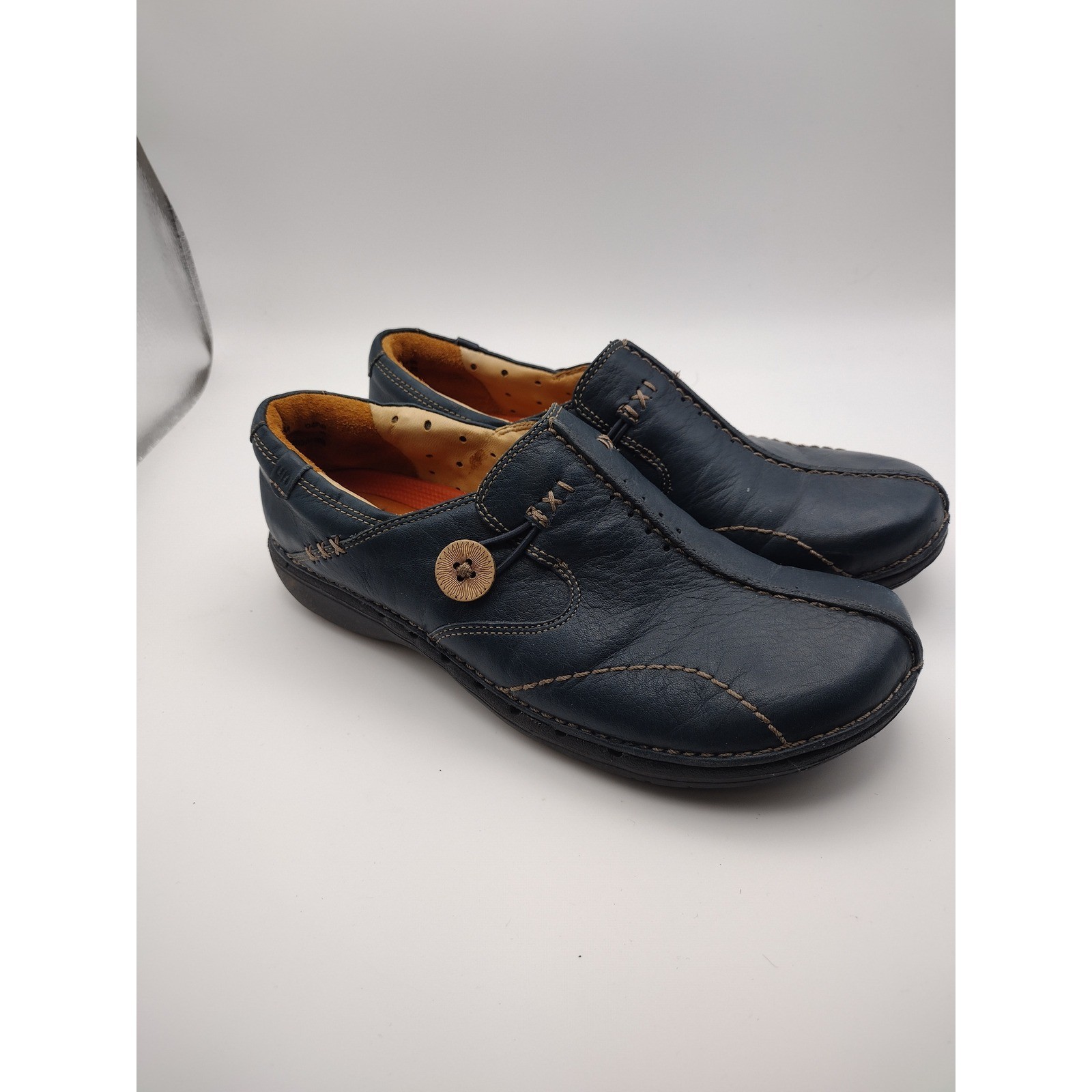Clarks Unstructured Un.Loop Navy Blue Leather Slip On Loafers Womens 6.5 M 35074