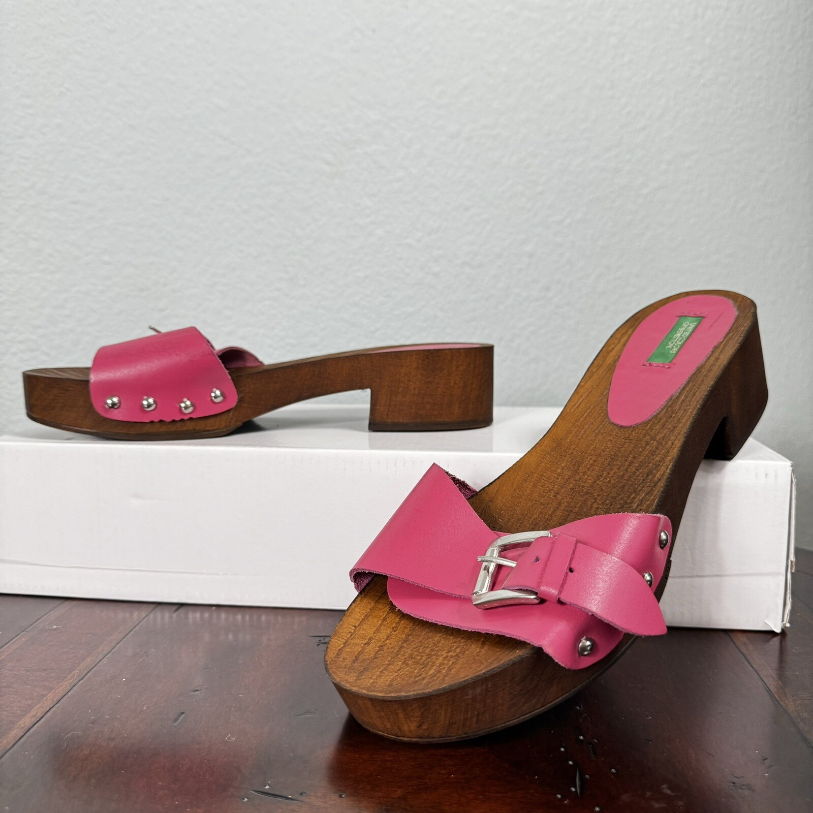 Y2K Leather Chunky Slip On Wood Clogs Slides Size 39 / 40 US 8.5/9