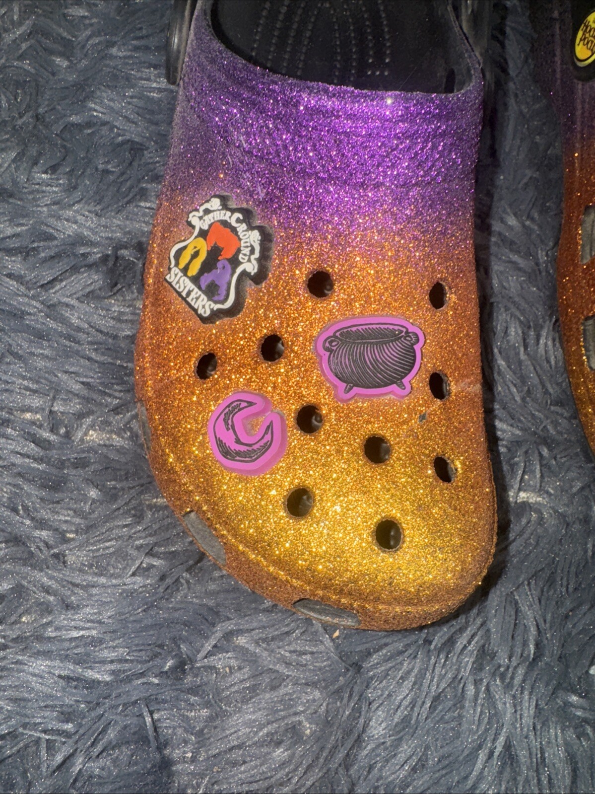 Hocus Pocus Crocs W6 M4 Glitter Halloween Clogs Orange Purple Spooky Sandals