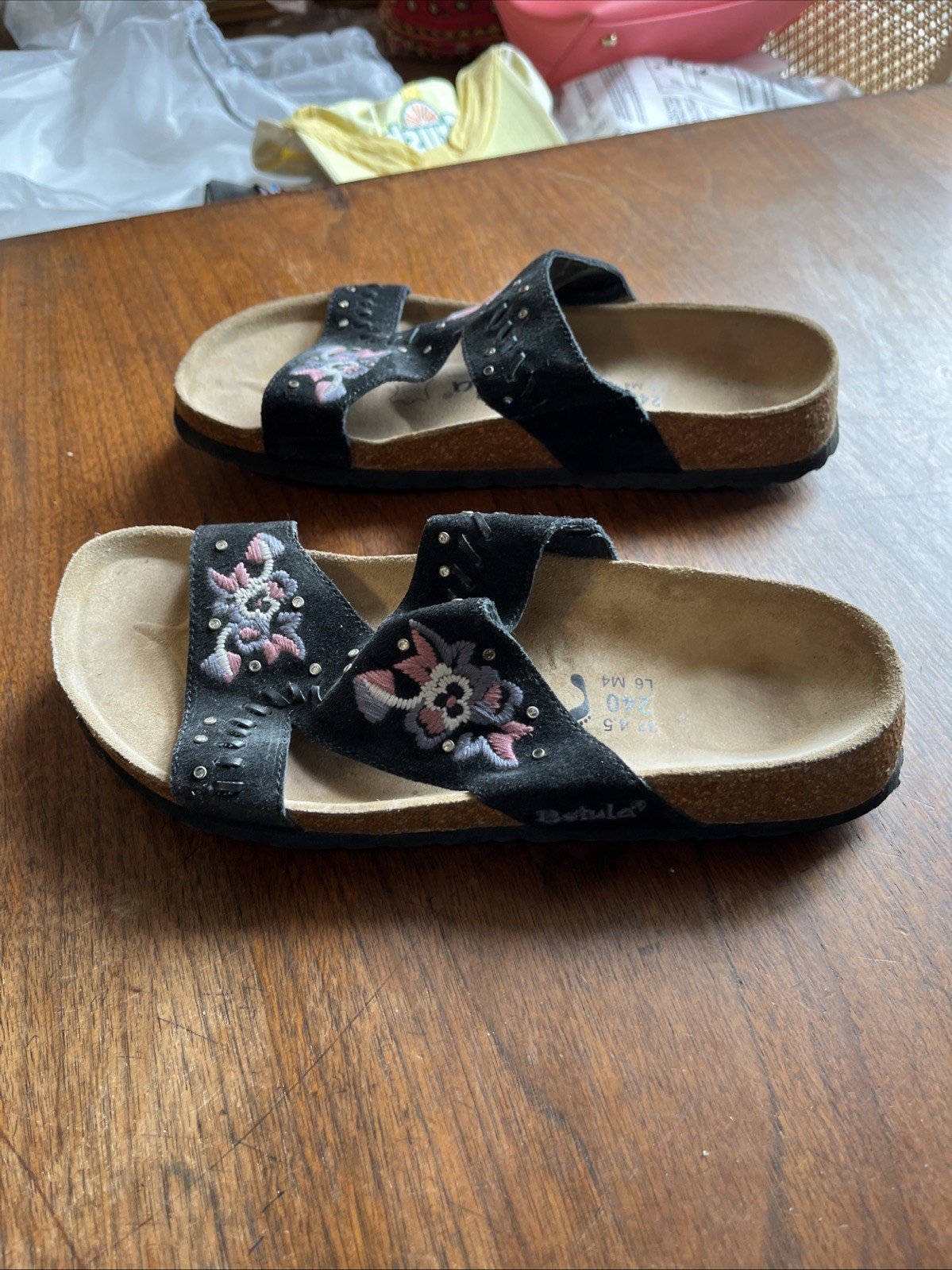Birkenstock Betula Zara Embroidered Sandals Black Crystal Suede Women Size 7(37)
