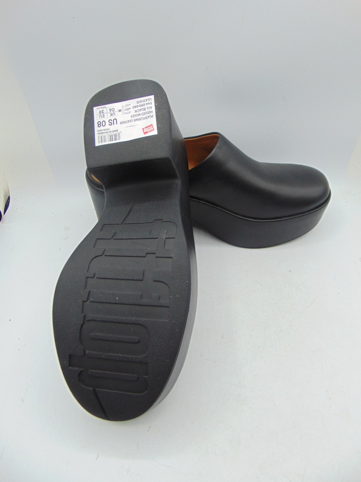 FITFLOP Pilar Black Leather Platform Block Heel Slip On clogs Mule Sz 8 NEW