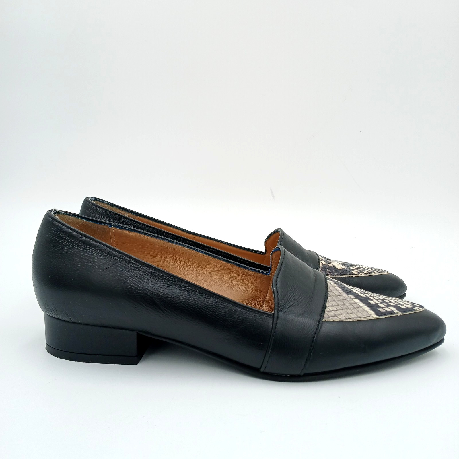 Avellini Womens Shoes Size 37 Black Leather Pointed Toe Snake Loafers Made Italy