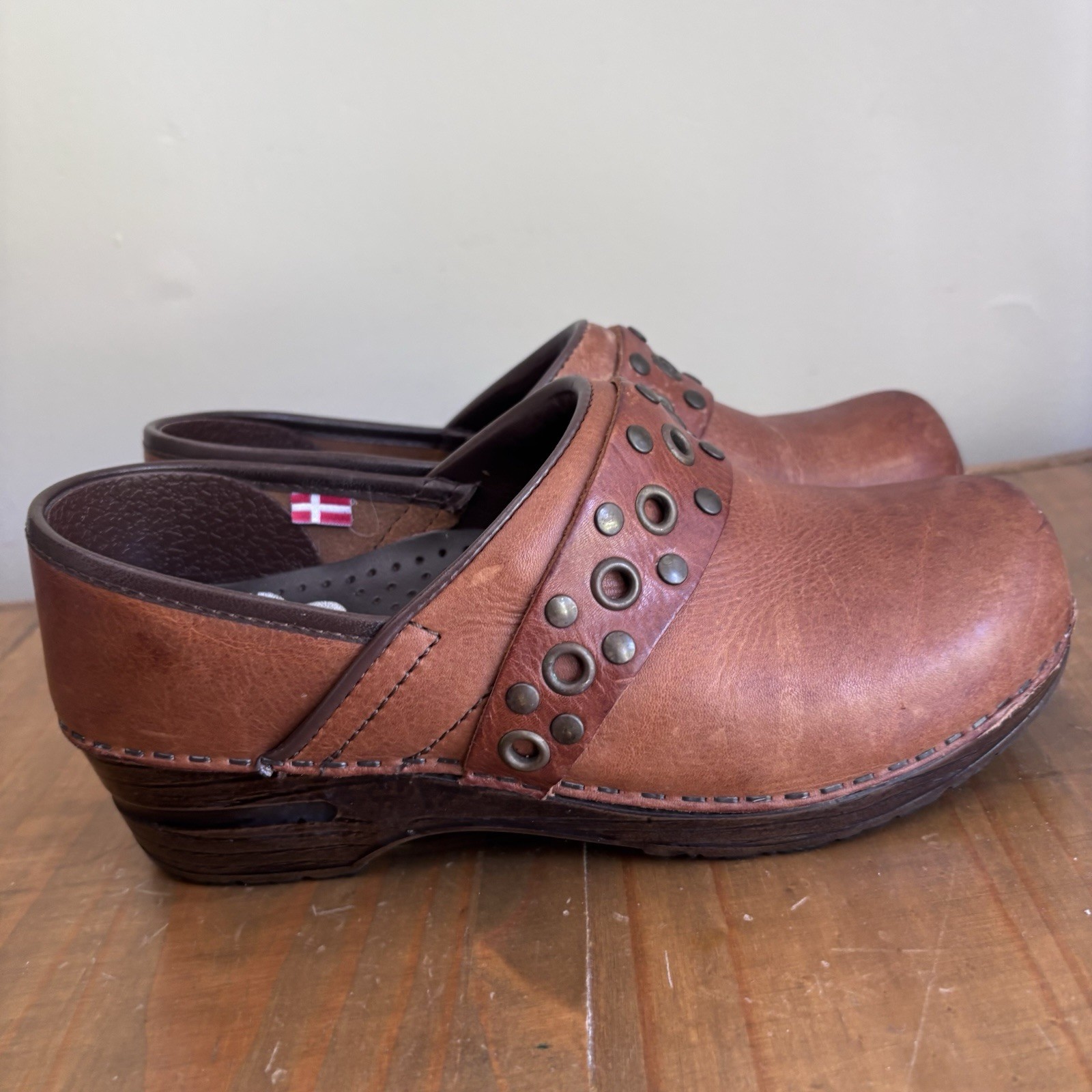 Sanita Caddo Brown Leather Studded Clogs-Size 37-US Size 5.5-6-Boho/Comfort