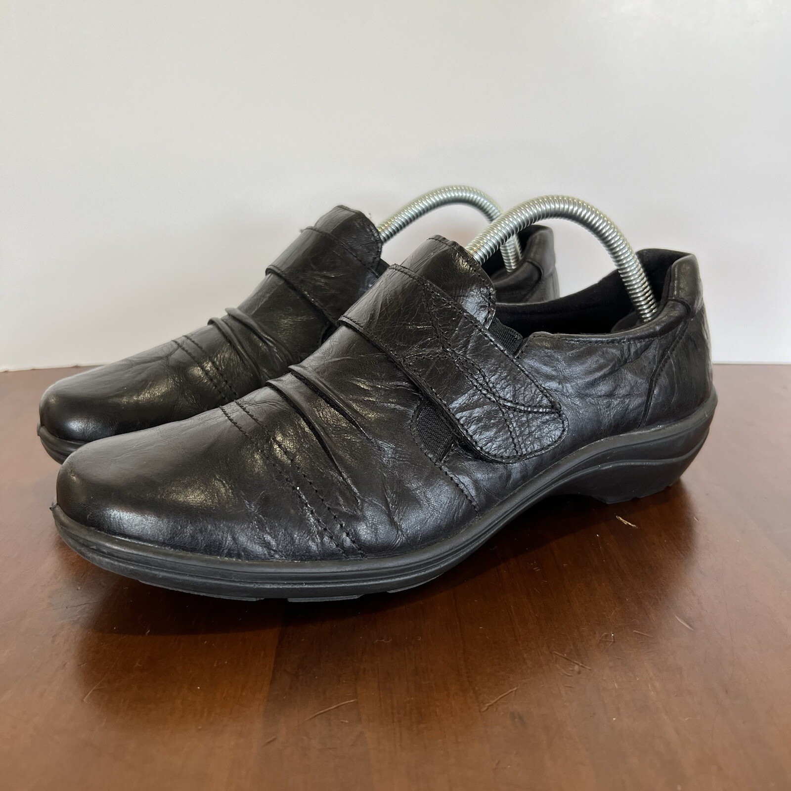 Romika Cassie Black Leather Shoes Size EU 41 US 10 Slip On Strap Wedge Comfort
