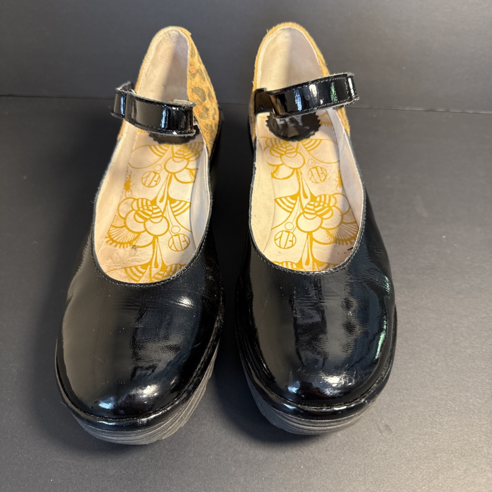 Fly London Leather Women’s Wedge Black Patent Leopard Suede Heel Size 38 US 8