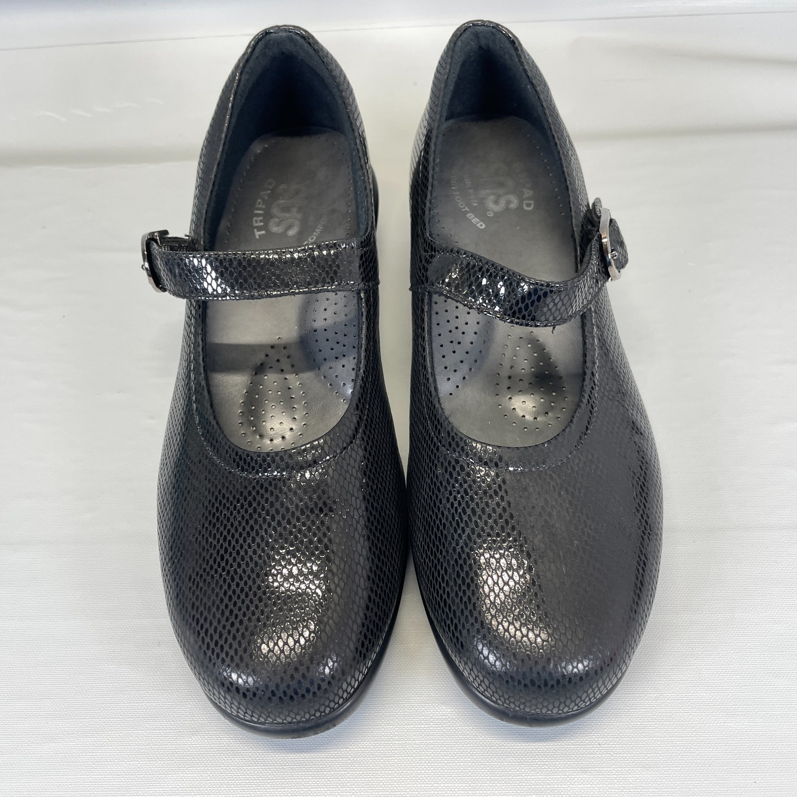 SAS Maria Mary Jane Shoes Womens Size 6 M Black Leather Strap Shimmer Comfort