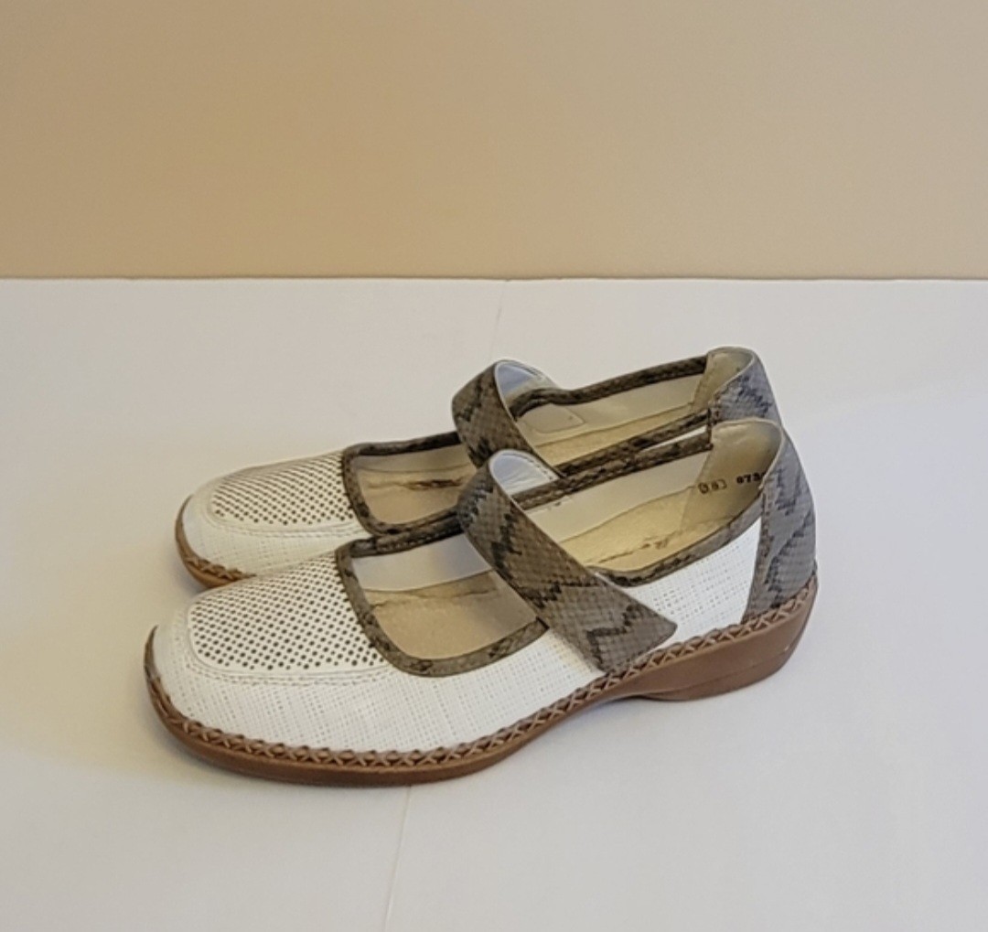 Rieker White and Tan Snake Print Mary Jane Style Comfort Shoes Size EU 38 US 7