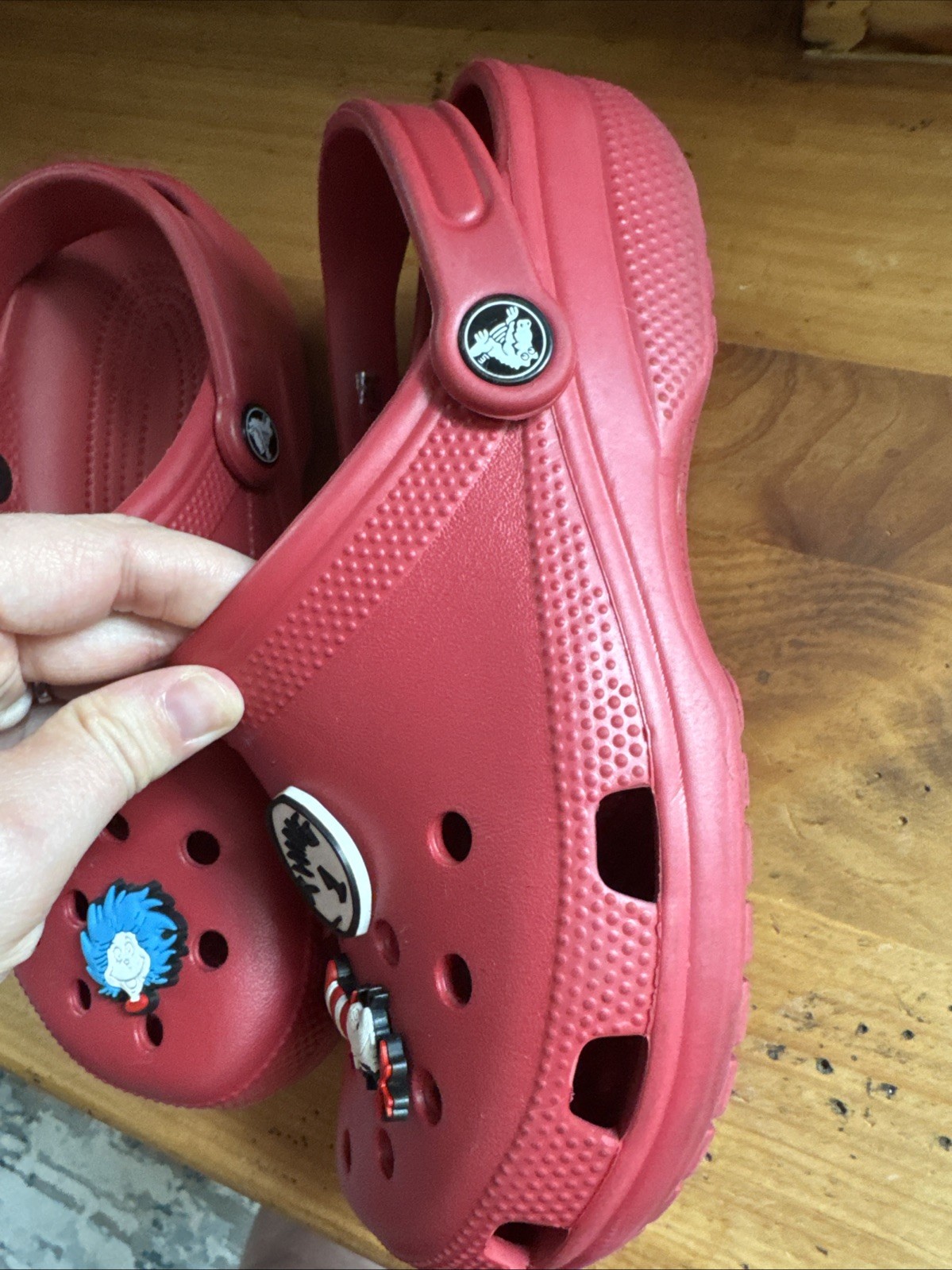 Red Crocs Size M5 W7 With Dr. Seuss Crocs Pins