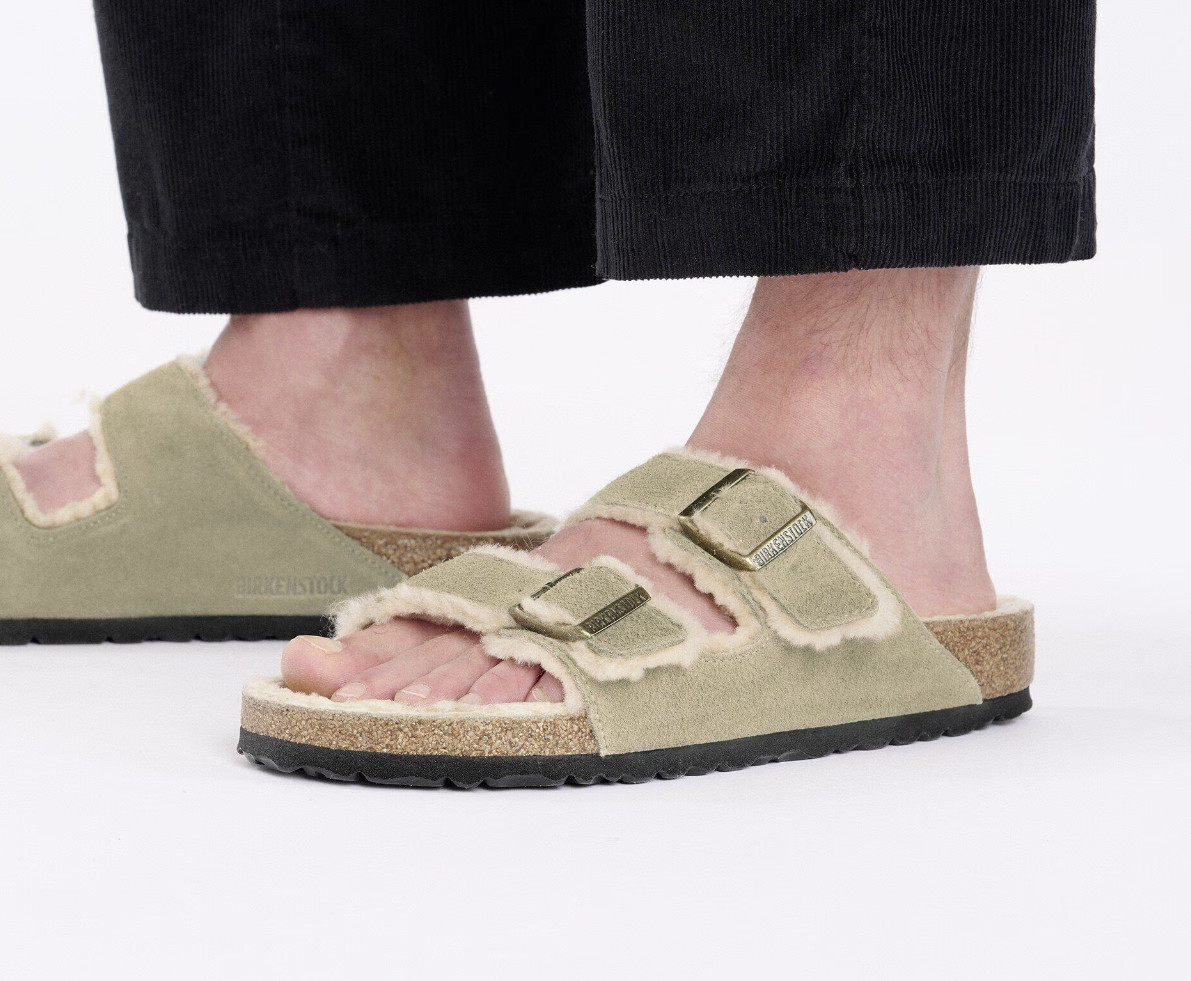 Birkenstock Arizona Shearling Suede Leather in Taupe Platform Two-Strap Sandals