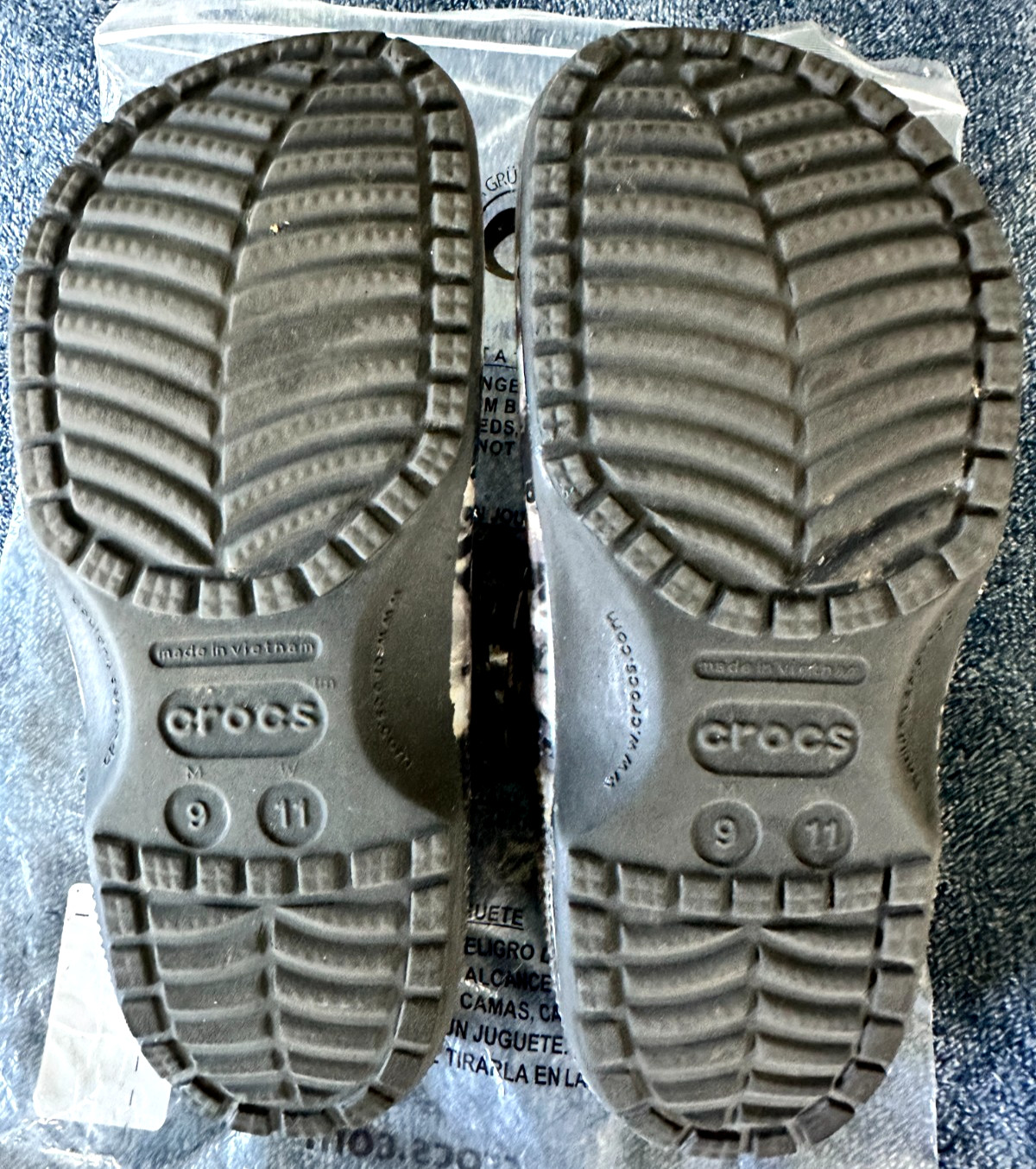 Hardly Worn Bleach Dye Pattern Crocs-Women Size 11-Shades of Beige,Brown+Black