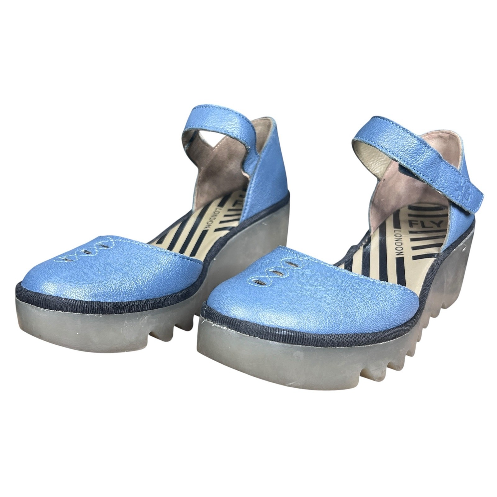 Fly London Biso305 Blue Leather Ankle Strap Cutout Wedges Size 38 US 7.5/8