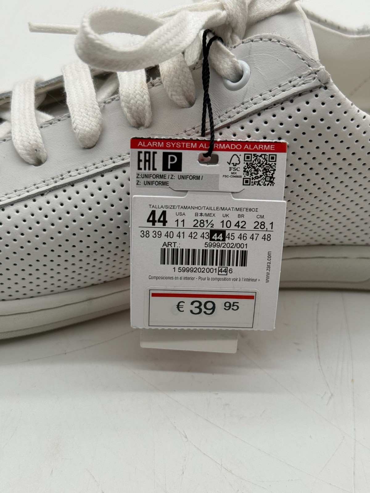 Zara Man White Perforated Leather Low Top Sneakers Size 11 EU 44 NWT Uniforme