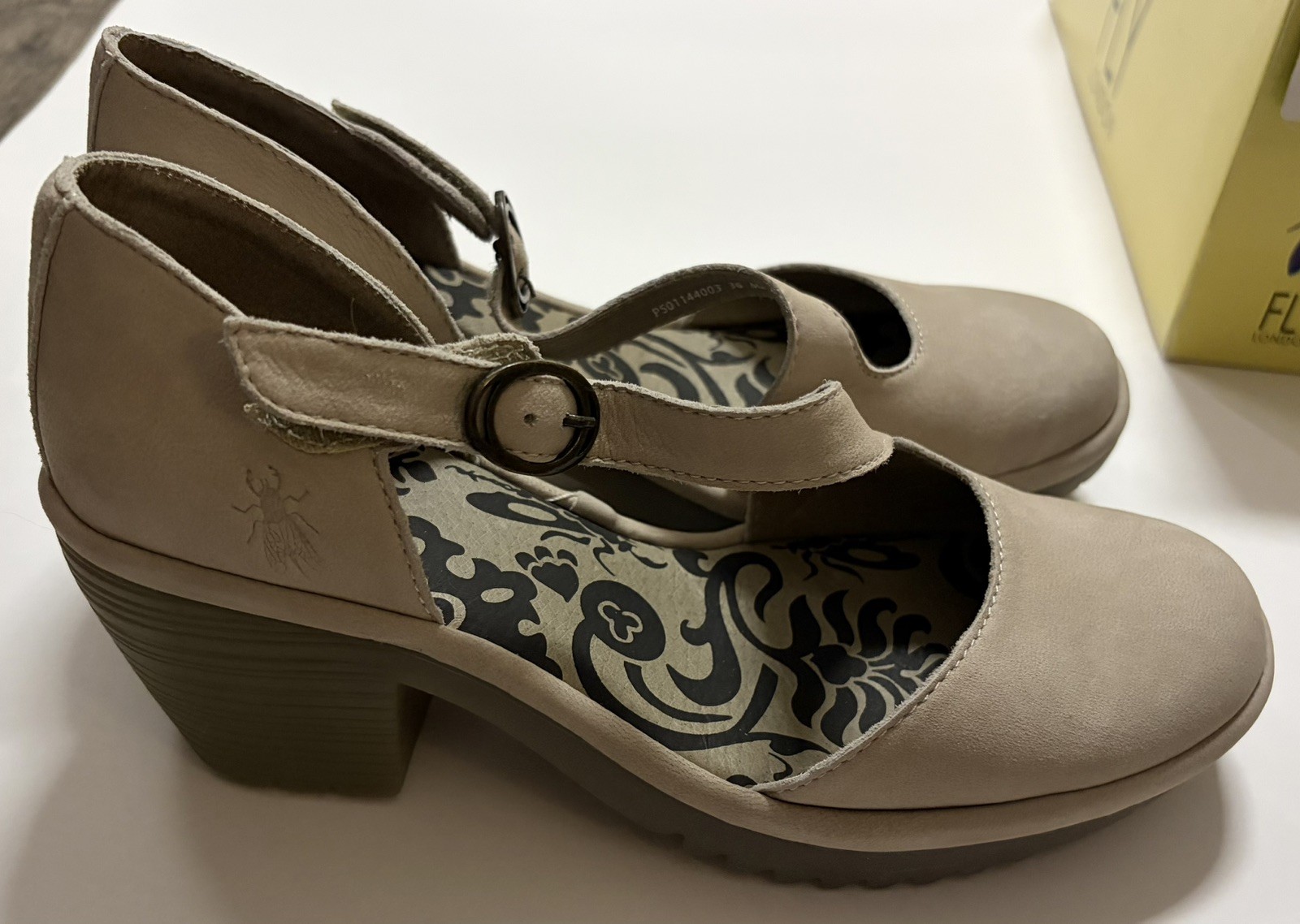 Fly London Leather Asymmetrical Strap Heel Nude, Leather Buckle Closure Size 6