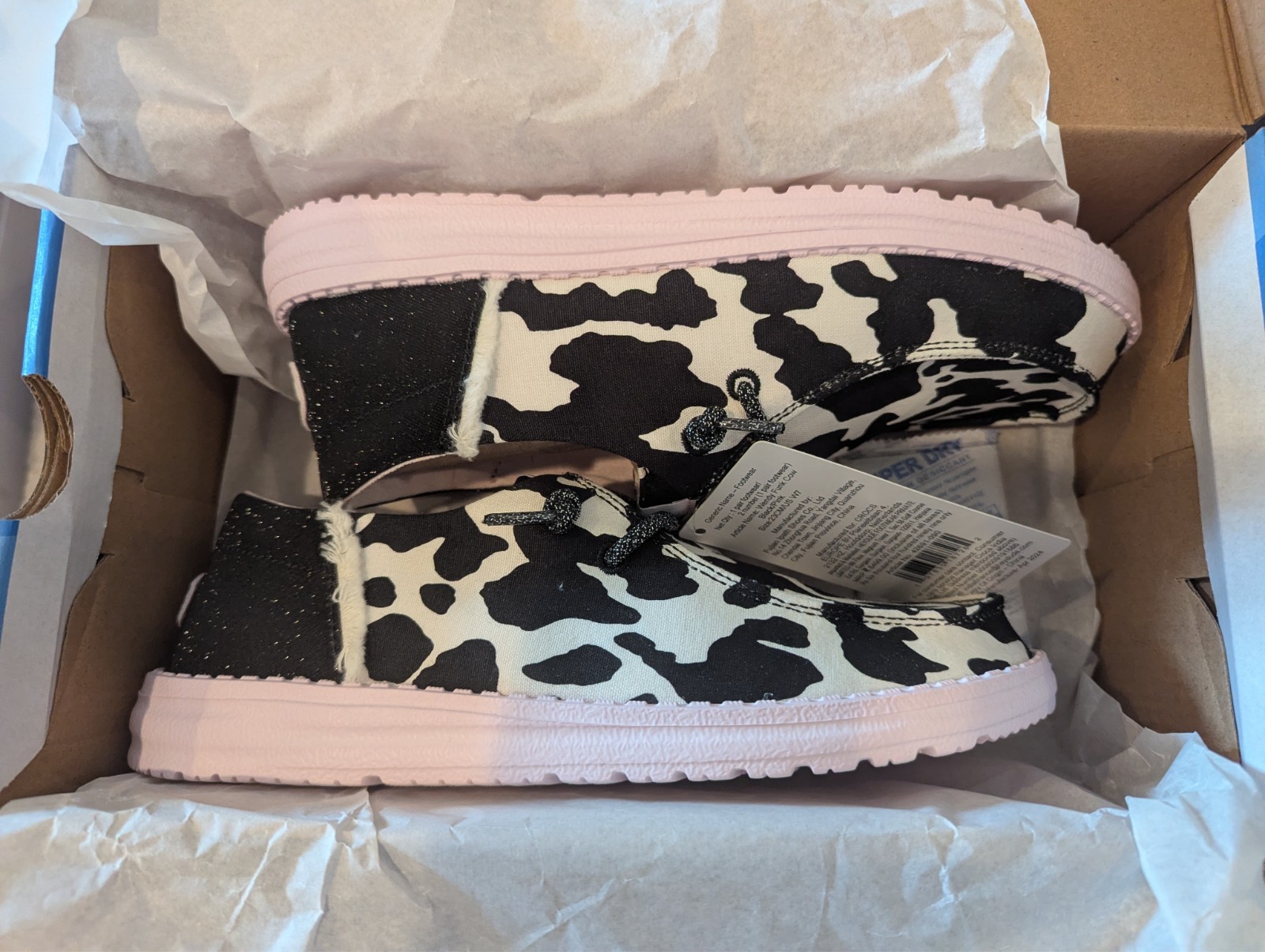 Hey Dude Wendy Funk Women’s Black White Pink Cow Print Casual Shoes Size 7