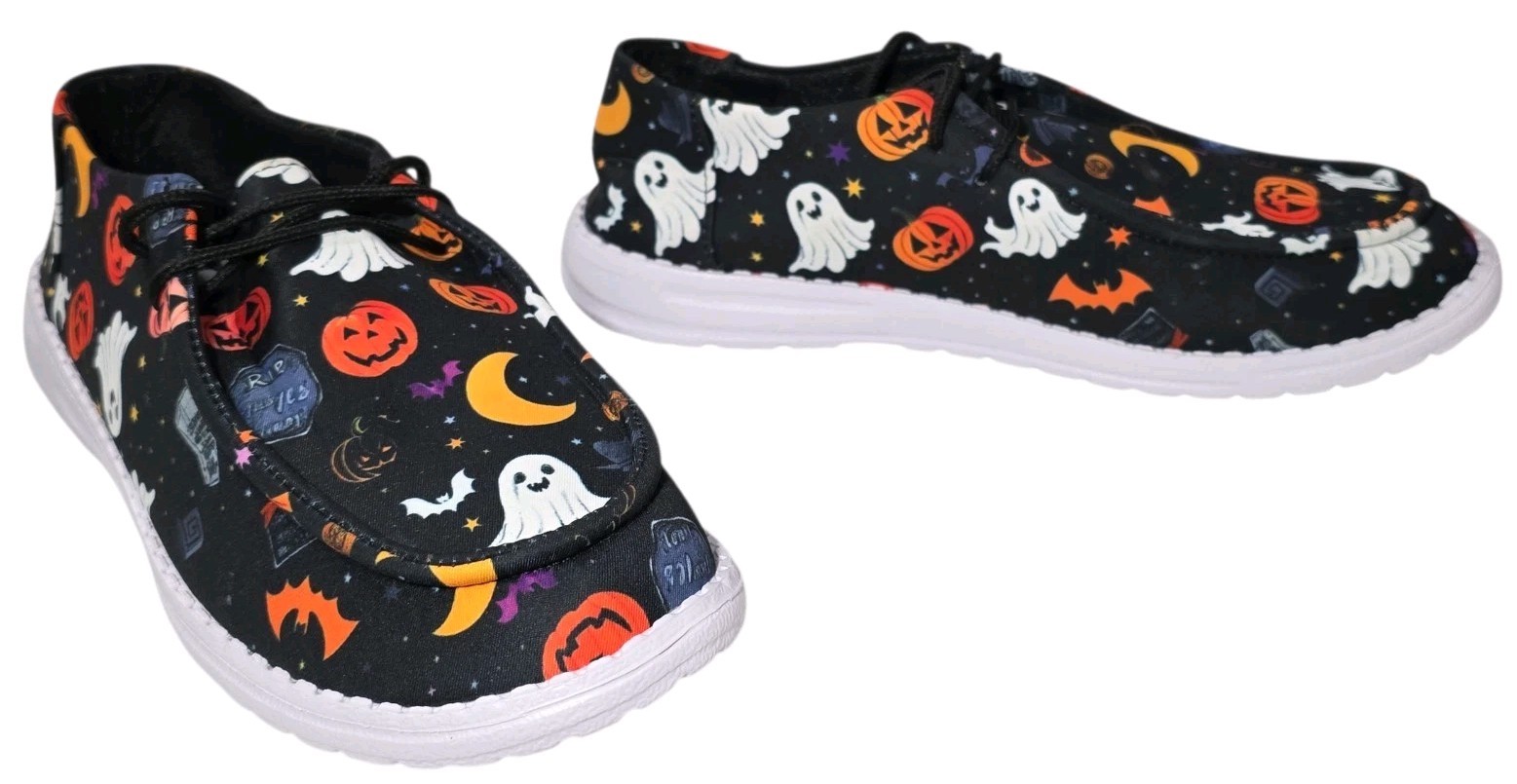 Halloween Ghosts Bats Jack O’Lantern Shoes Womens 11.5 – 12 Mens 9 – 9.5 NEW